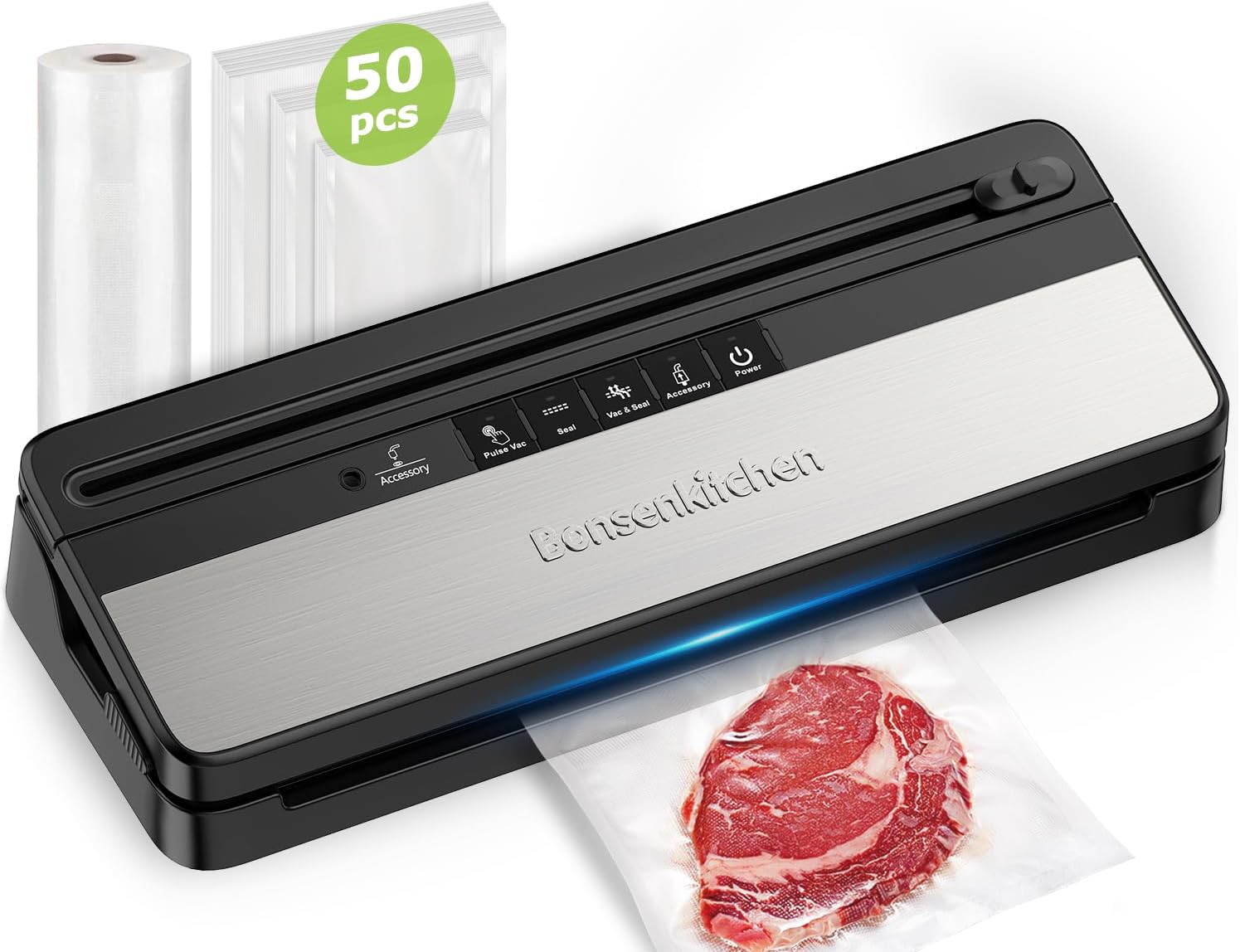 Bonsenkitchen - machine sous vide multifonction - compacte - coupe-aliments intégré, 50 sacs, rouleau, travail continu, 