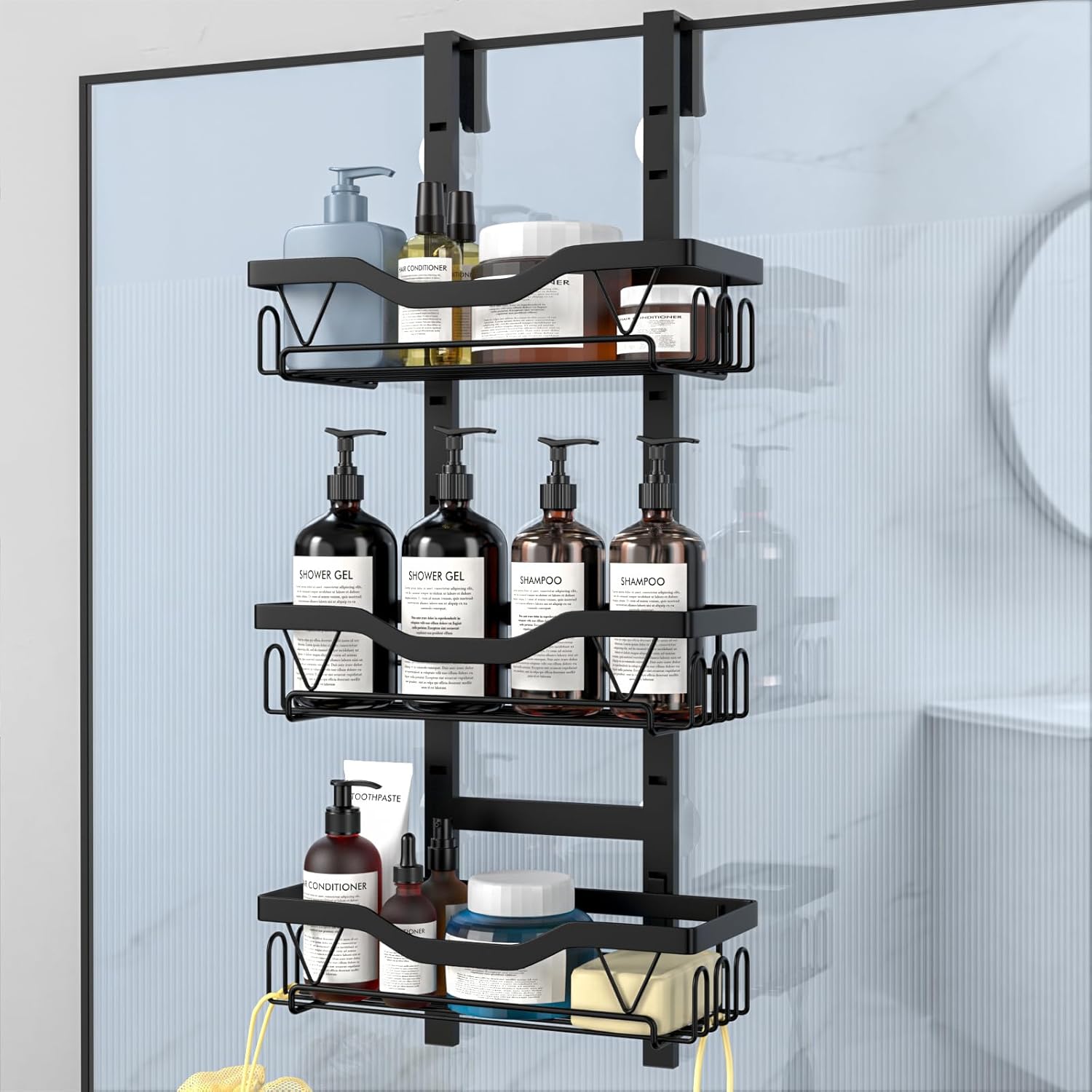 Étagère de douche suspendue - 3 paniers réglables, sans perçage, noir, organiseur 3 couches