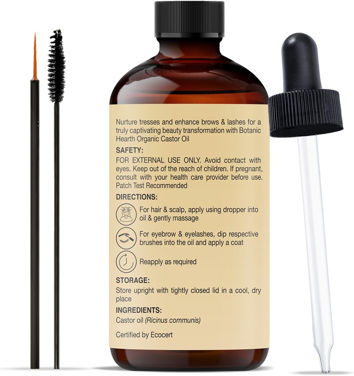 Botanic Hearth - huile de ricin bio 60ml - 100% pure, cold-pressed, avec brosses