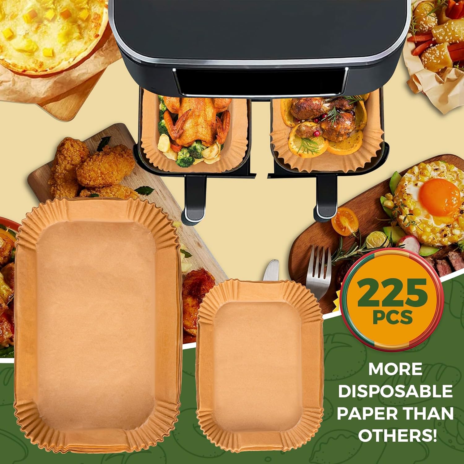 Doublures jetables air fryer - 225 pièces - 10,4L - compatibles Ninja, Cosori, Duronic - cuisson antiadhésive - AF500UK