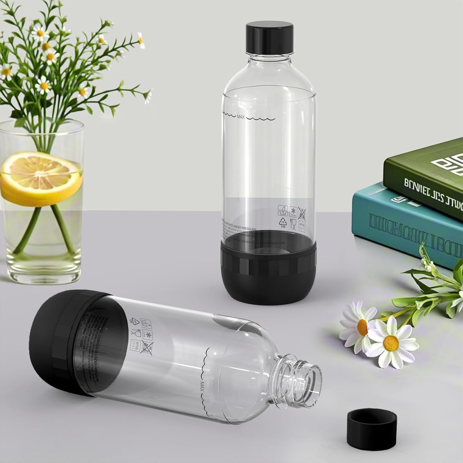 Bouteilles à soda - 1L, lot de 2, PET, réutilisables, sans BPA, noir