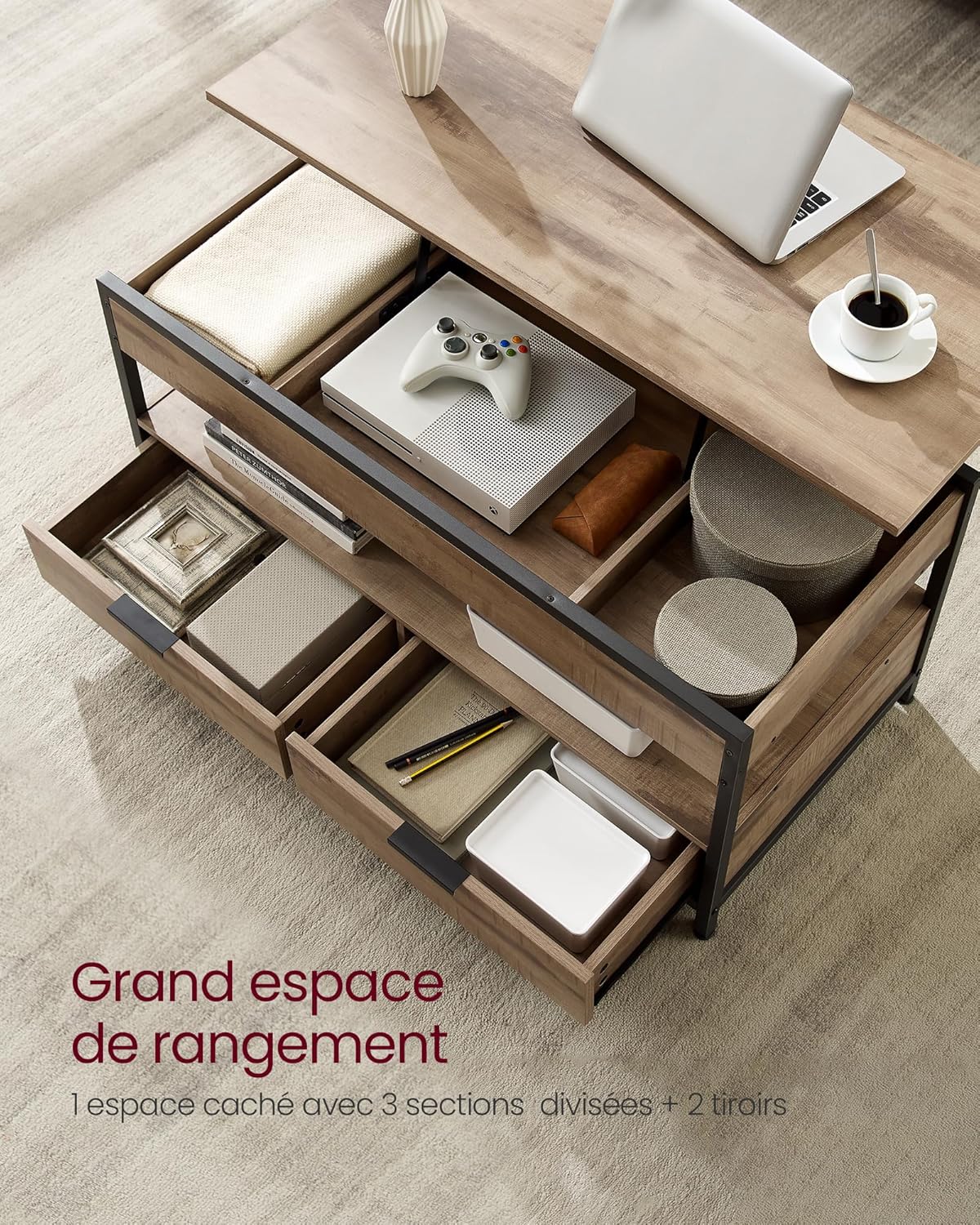 VASAGLE - Table basse, plateau relevable, rangements, marron/noir, LCT209K02