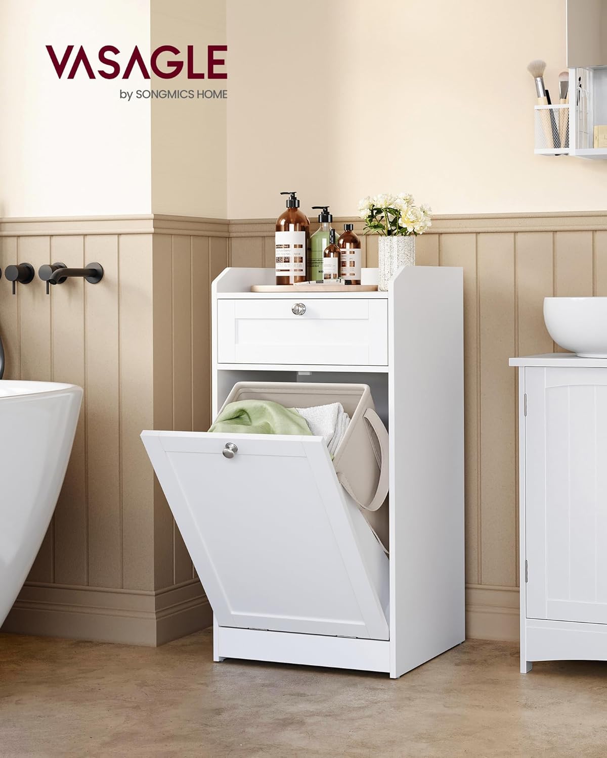 VASAGLE - meuble salle de bain avec panier linge, tiroir, 40x40x80,2 cm, blanc, BBC741W01