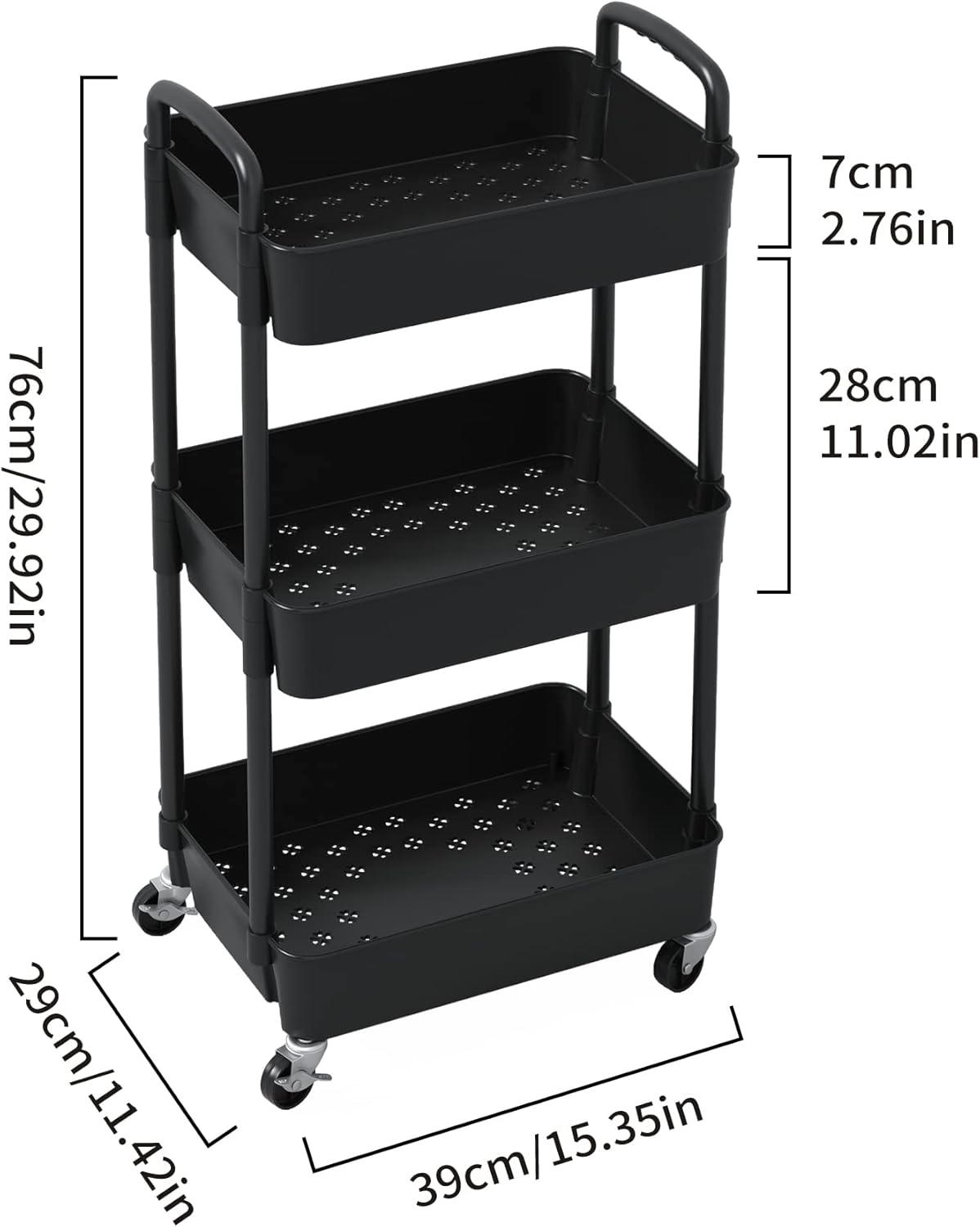 Sywhitta - Chariot Roulant 3 couches, plastique, 39x29x76cm, rangement mobile