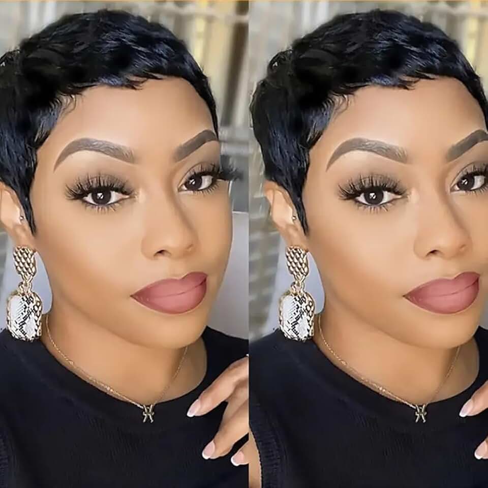 Perruque Pixie - cheveux naturels courts, coupe droite, sans colle, frange, couleur 1B