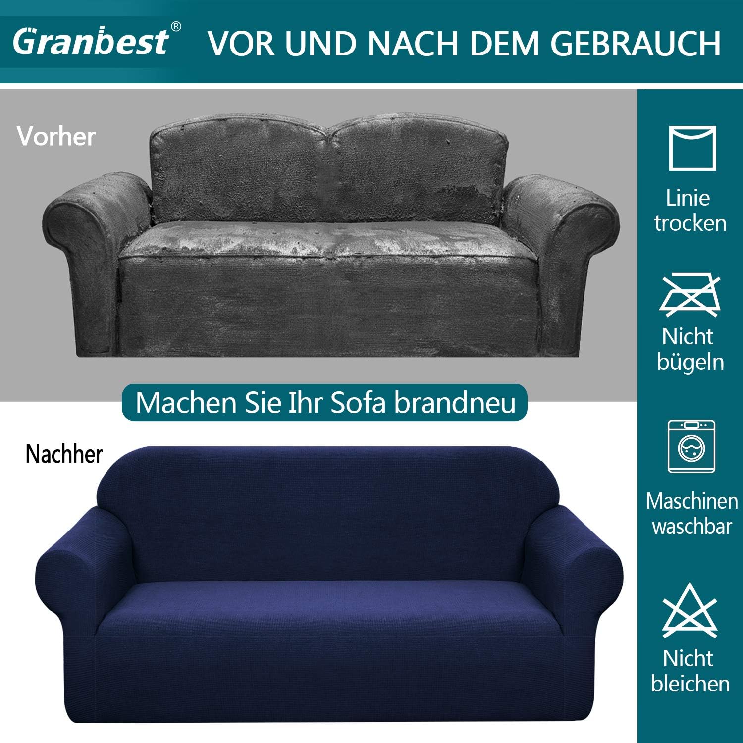 Granbest - Housse canapé Stretch Jacquard 1 place, imperméable, antidérapante, bleu foncé
