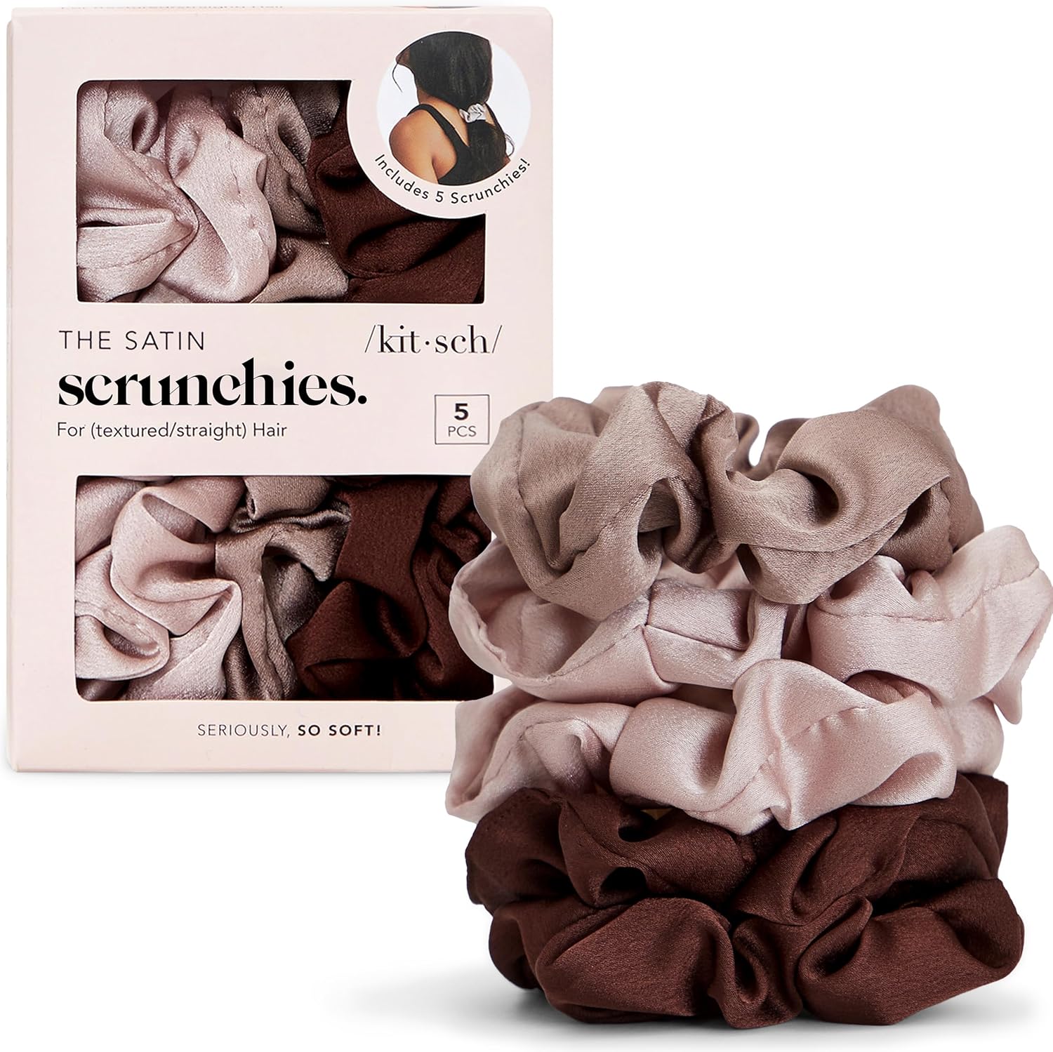 Kitsch - Chouchous satin femme, 5 pièces - élastiques anti-plis, adaptés jour/nuit, tous cheveux
