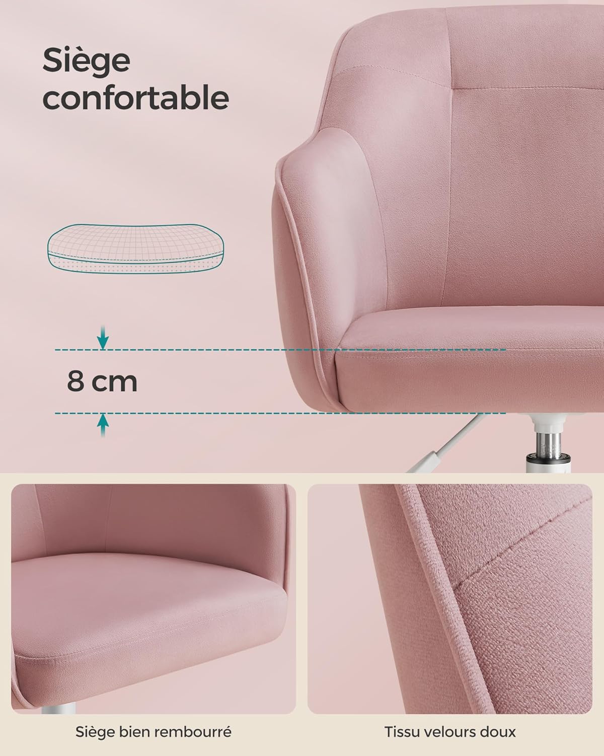 SONGMICS - fauteuil ergonomique velours, cadre acier, réglable, 110kg, OBG019P02