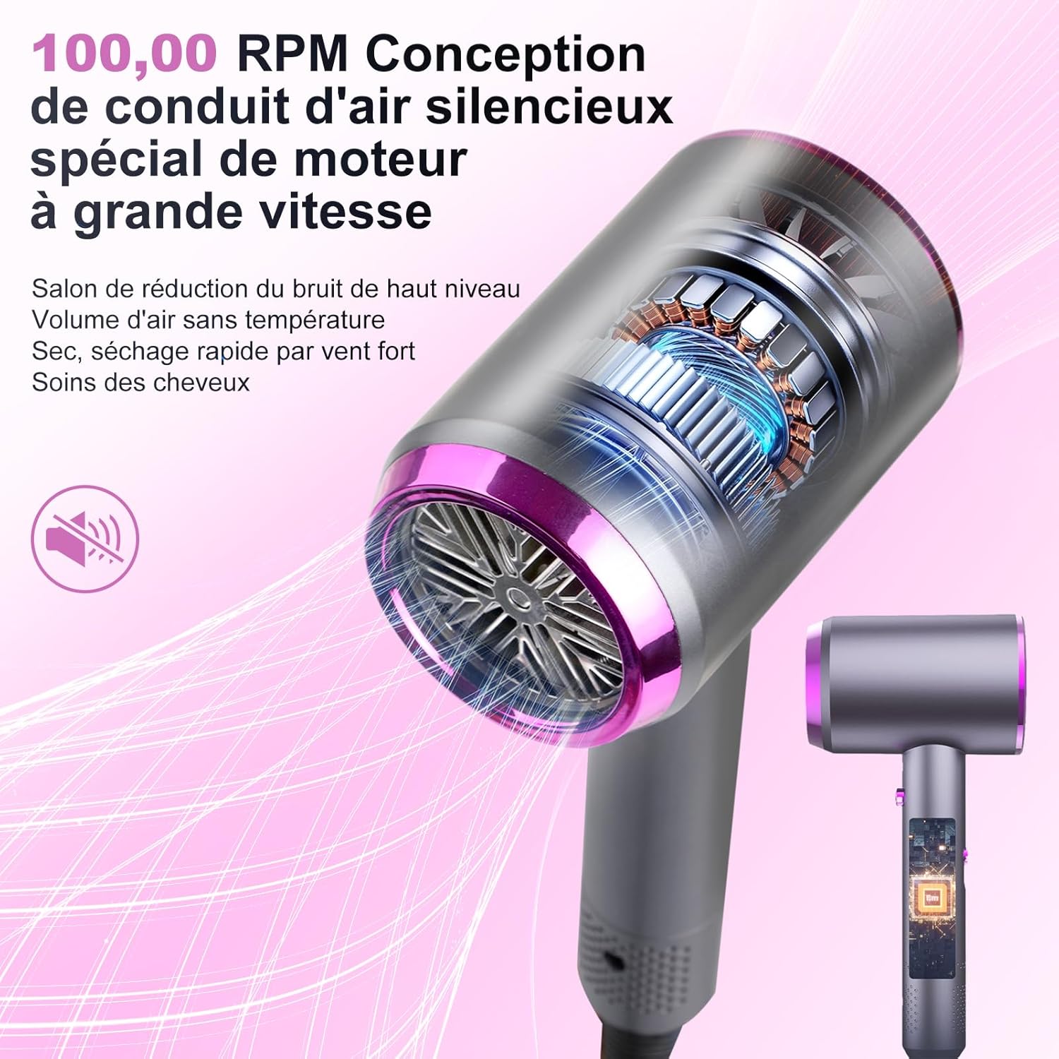 Sèche-cheveux professionnel ionique, 1250W, 3 vitesses, séchage rapide