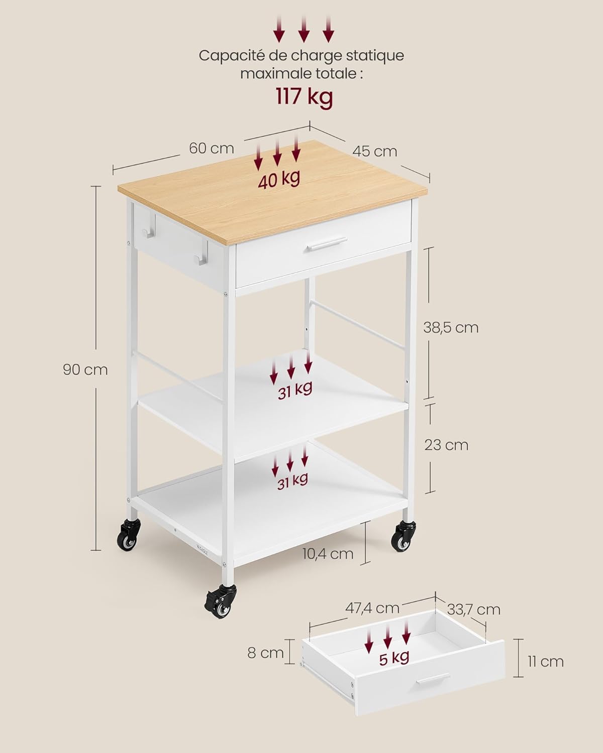 VASAGLE - desserte cuisine mobile - 45x60x90 cm - tiroir, crochets, KKI007Y01