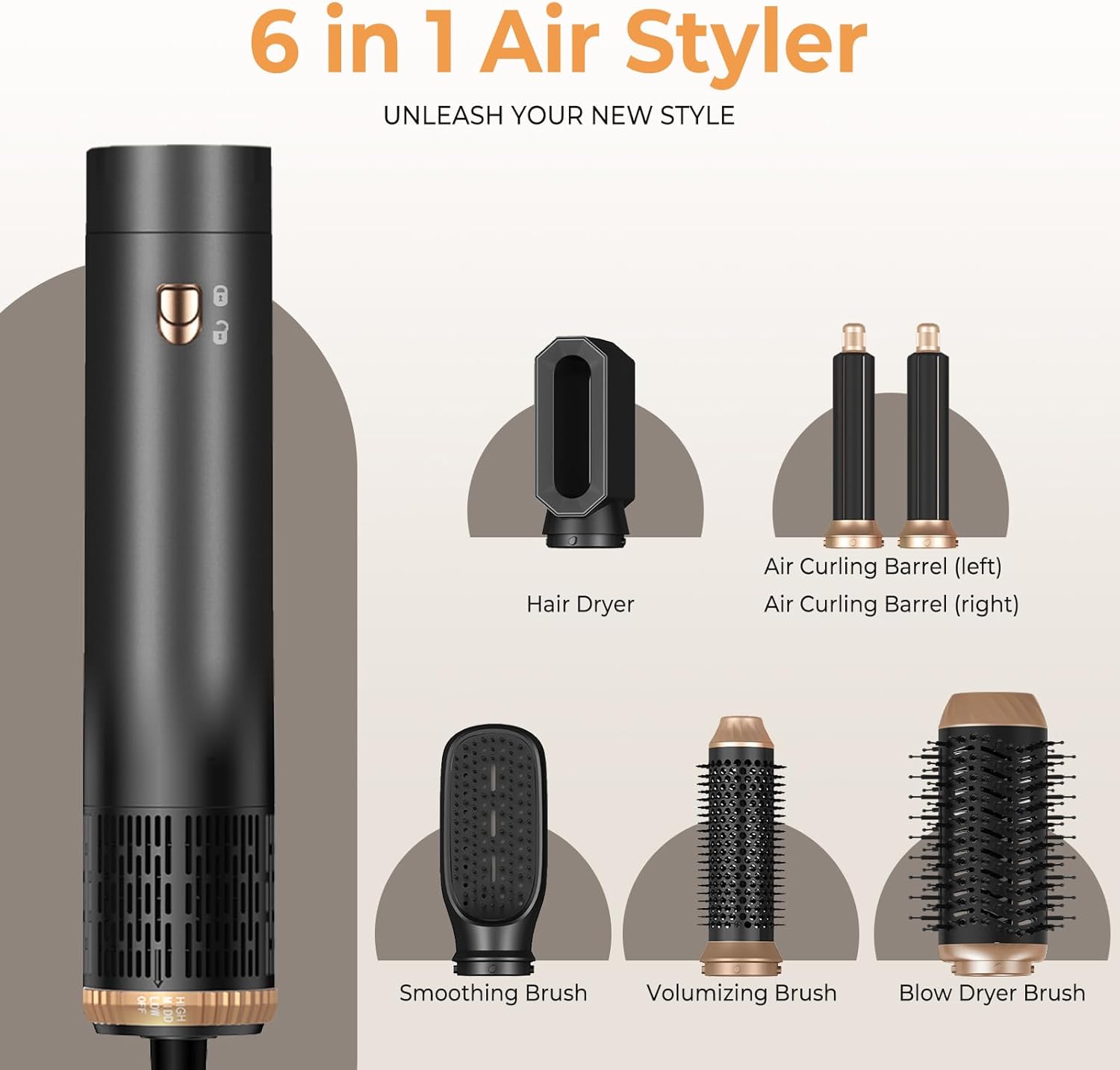 Brosse soufflante 6 en 1 - 1000W - sèche et coiffe, vitesses réglables