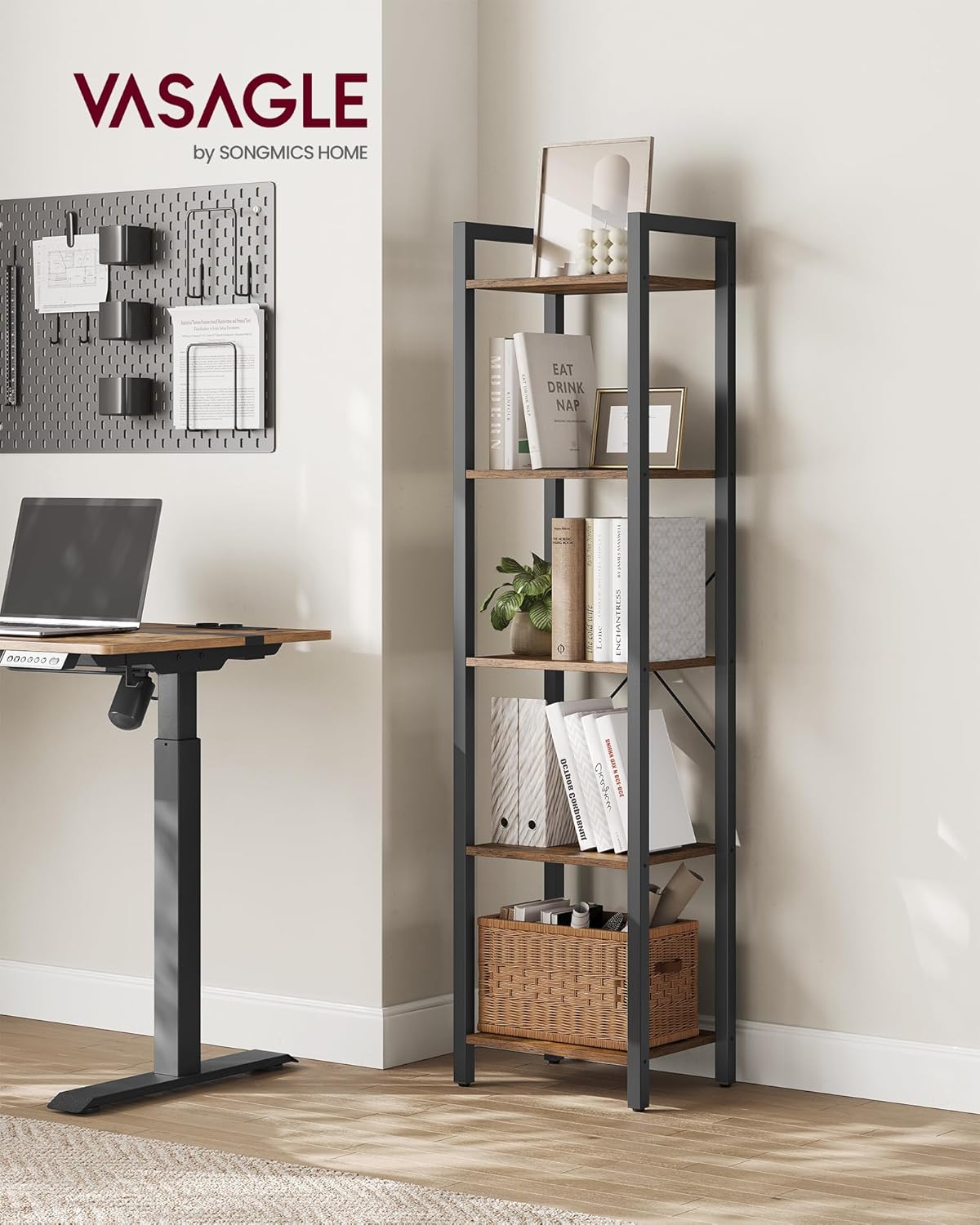 VASAGLE - étagère 5 niveaux - 30x39,6x154cm - acier/marron, style industriel, LLS100B01