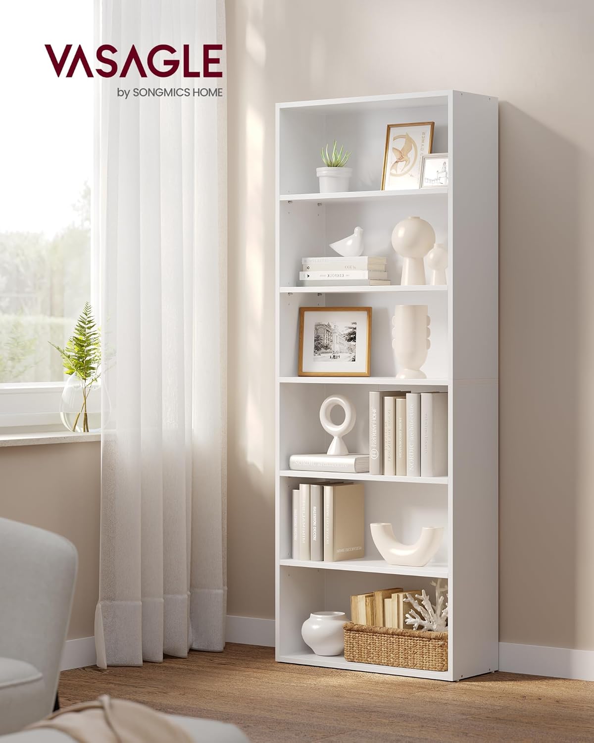 VASAGLE - bibliothèque 6 niveaux - 24x60x160,7 cm - blanc, ouverte, LBC166T14