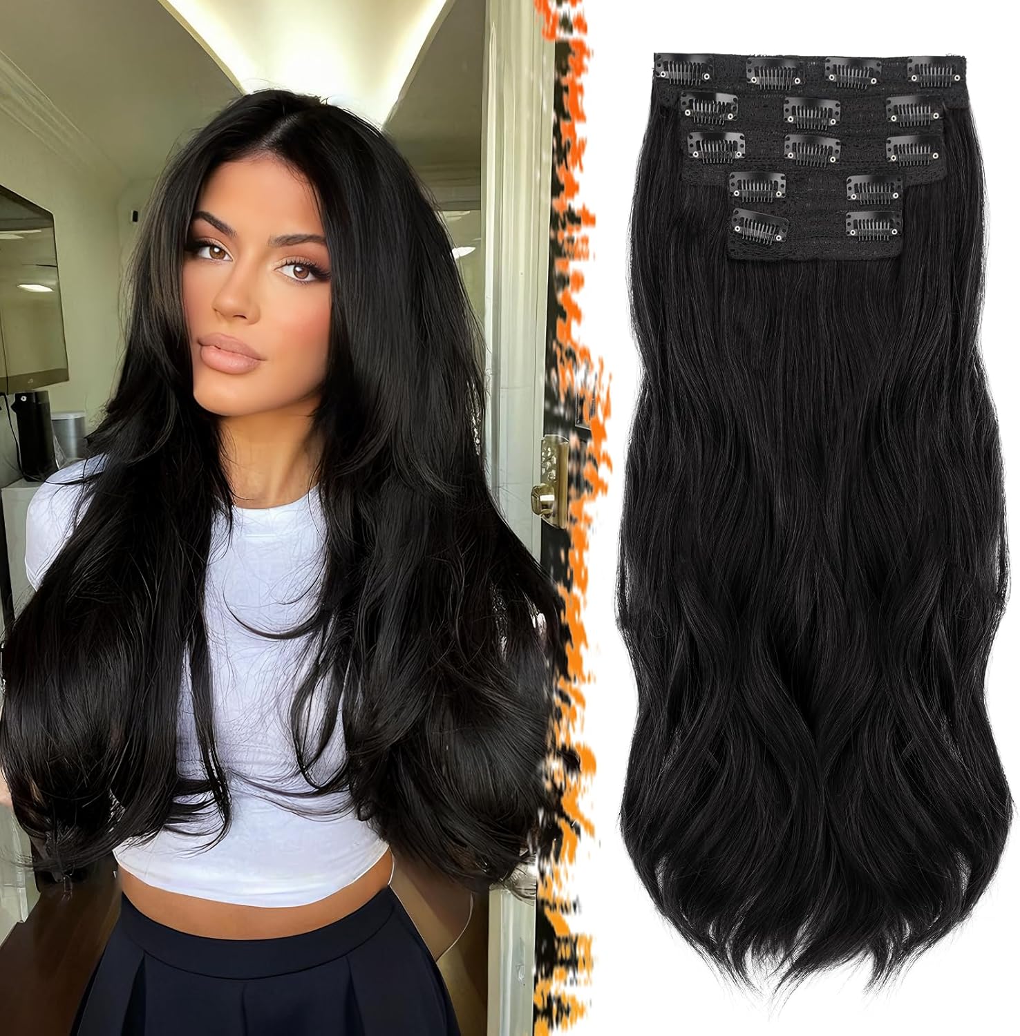 BARSDAR - extensions clip noir ondulées 50cm, lot 5pcs, synthétique