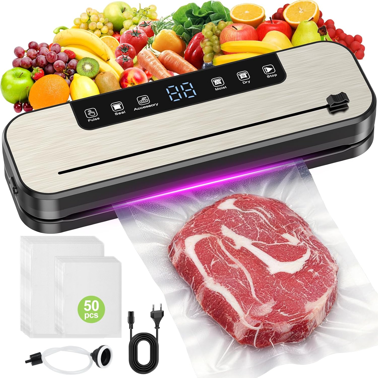SHINER - Machine Sous Vide 6 en 1, 30cm, UV, Sec/Humide, 50 sacs