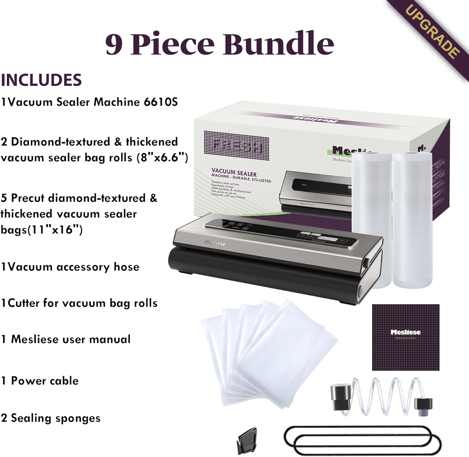 Mesliese - Machine Sous Vide 6-en-1, compacte, modes sec/humide, 2 rouleaux, 5 sacs, 90Kpa