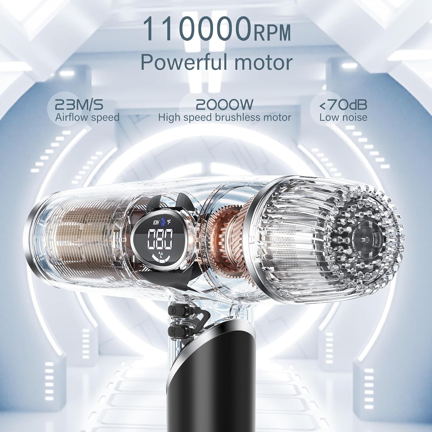 Sèche-cheveux ionique pliable - compact - moteur brushless 110000 RPM, écran LCD, faible bruit
