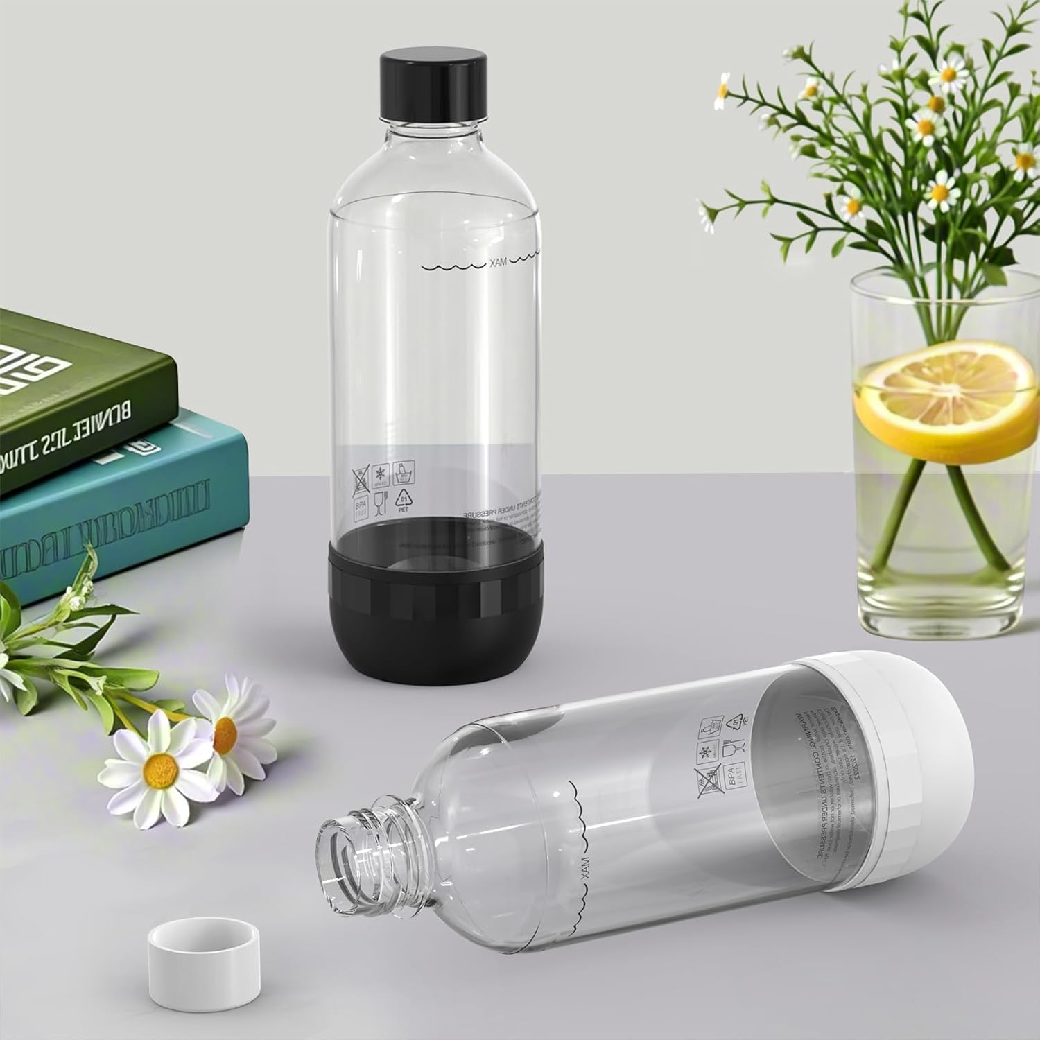 Lot de bouteilles de soda - 1L - sans BPA/PET, réutilisables, noir/blanc