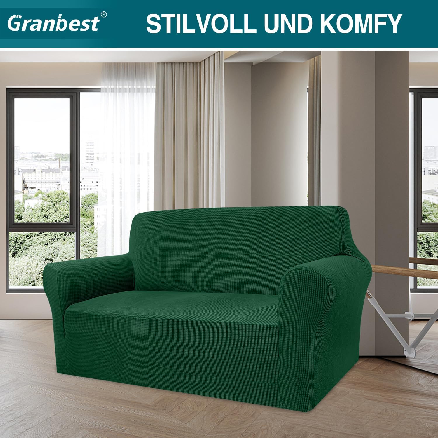 Granbest - Housse de canapé moderne - 2 places - jacquard élastique, protection animaux, vert foncé