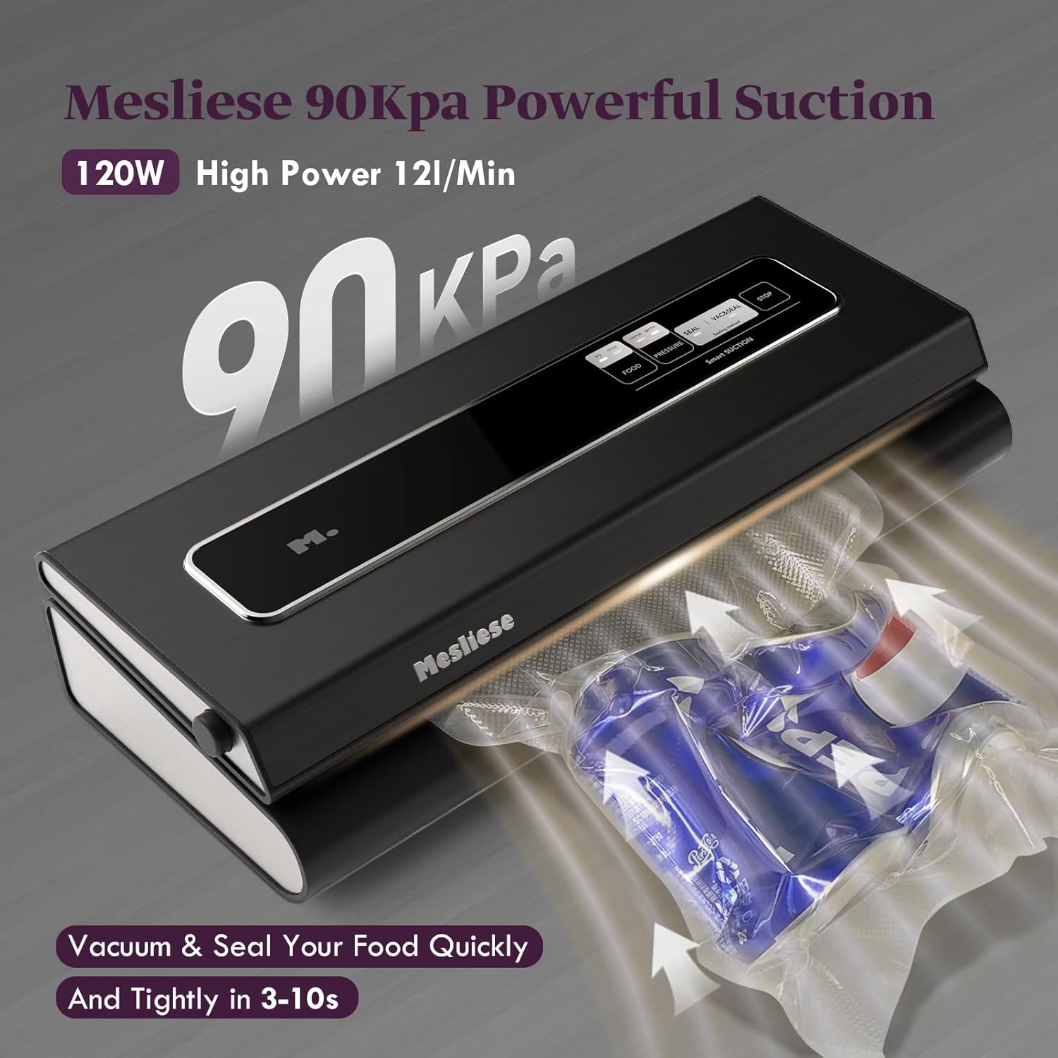 Mesliese - Machine Sous Vide 6-en-1, compacte, 90Kpa, gris, 2 rouleaux, 5 sacs