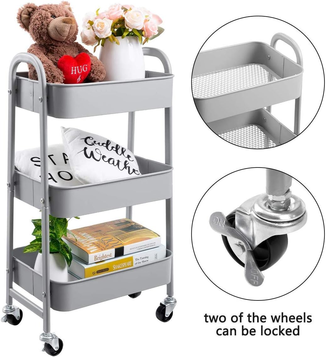 DOEWORKS - Chariot 3 niveaux métal, gris, roulettes, rangement cuisine