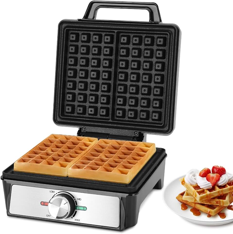 Aigostar - Gaufrier inox 1600W, 20,2x17,2x2 cm, plaques antiadhésives, température réglable