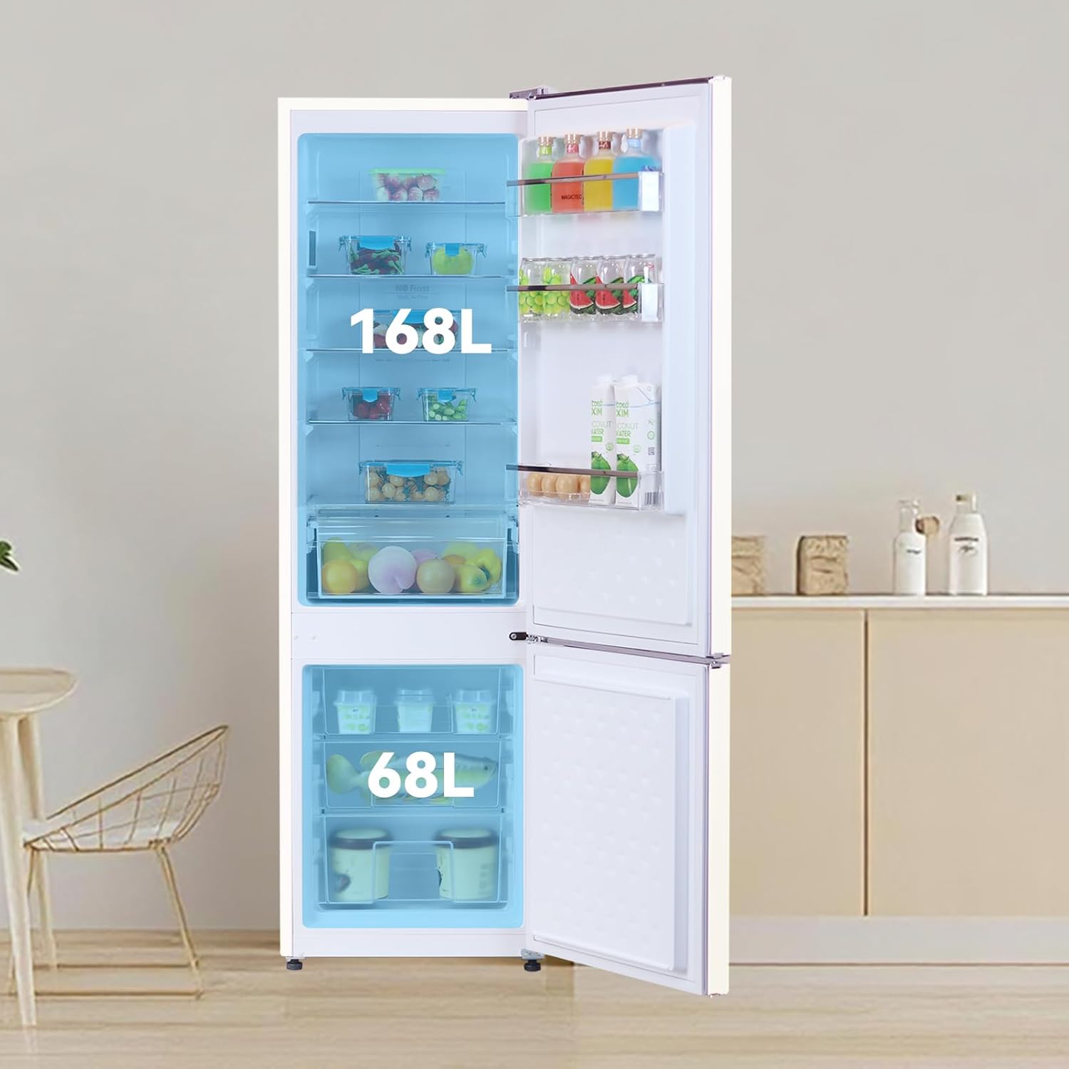 magictec - réfrigérateur vintage 179cm, 236L, No Frost, alarme, crème
