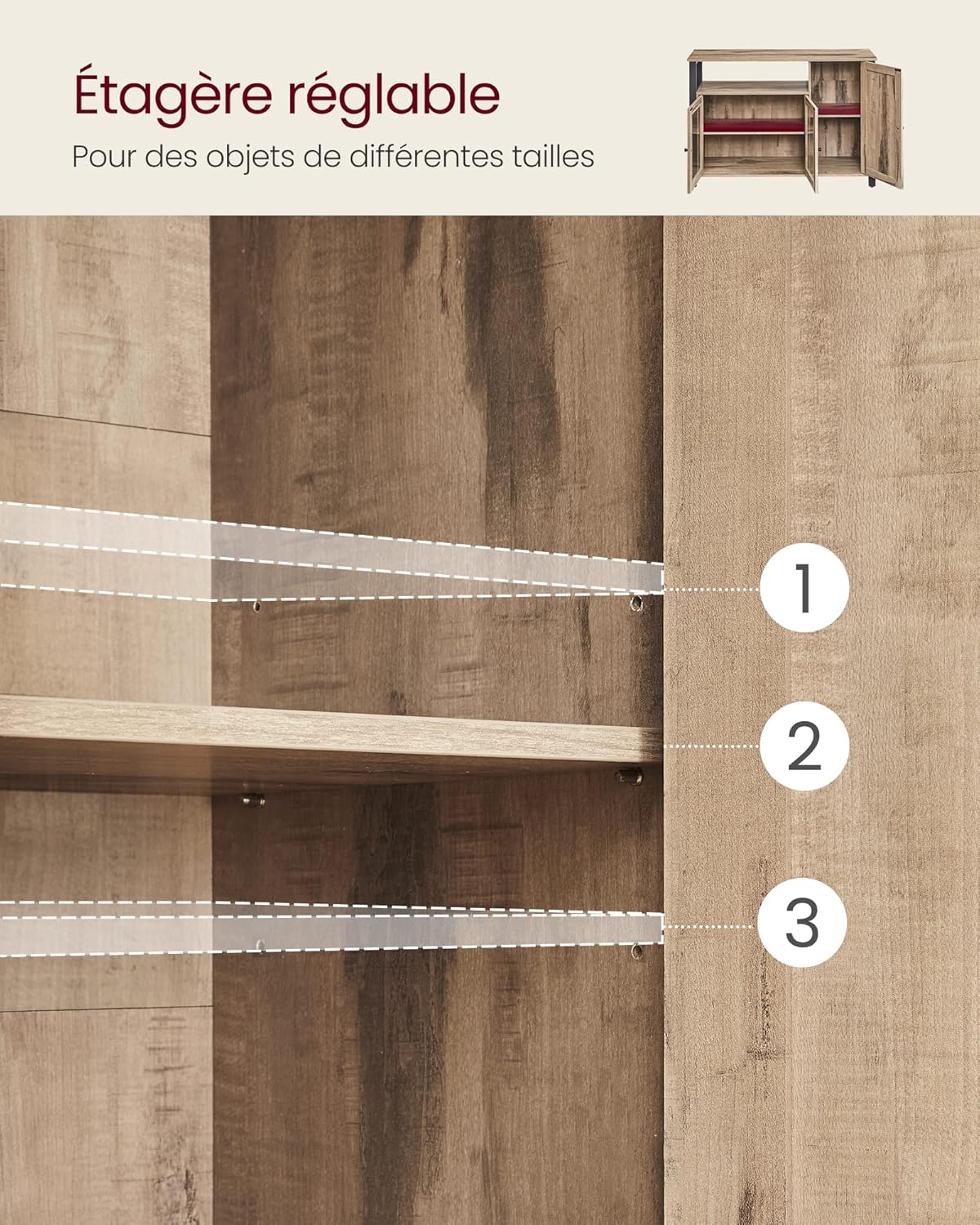 VASAGLE - Buffet de rangement rustique 110x33x75cm, 3 portes, LSC096B50