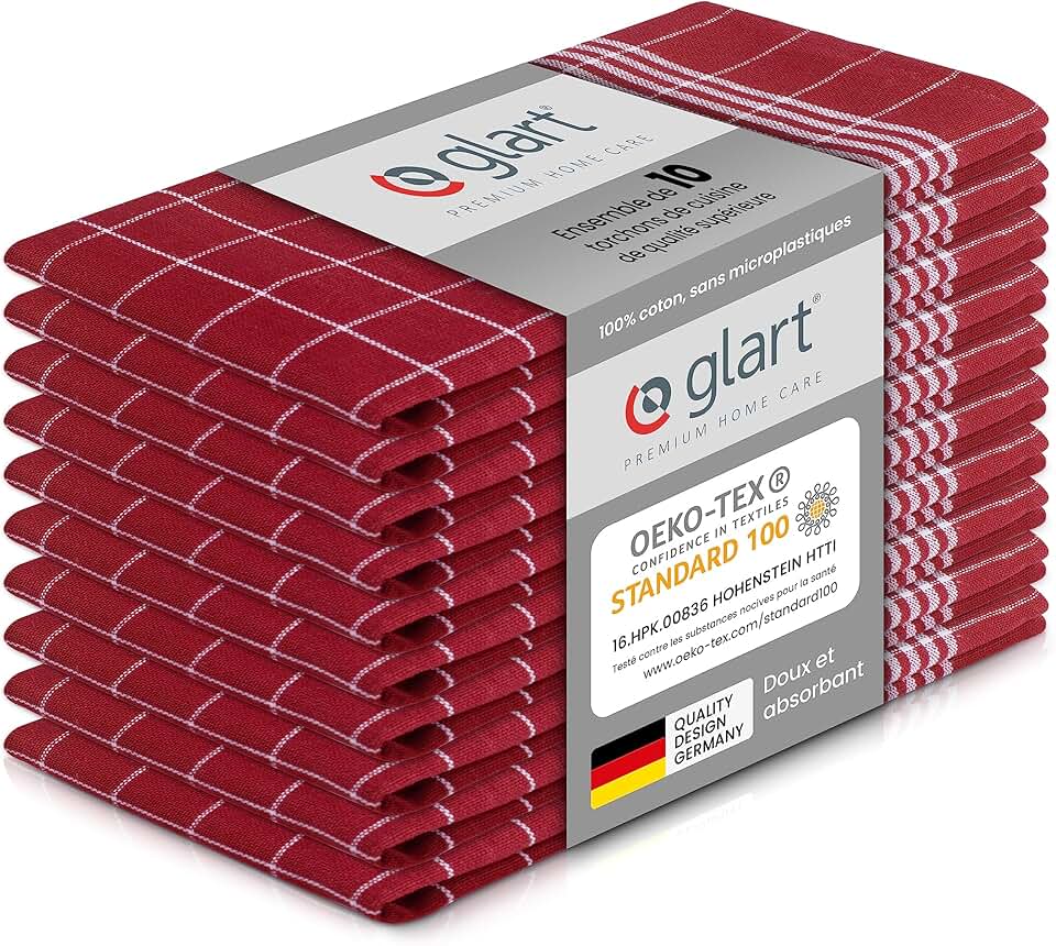 Glart - torchons 48RI2 - 50x70cm - coton rouge, OEKO-TEX, prélavés 48RI2