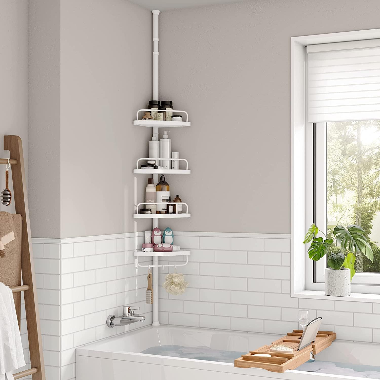 SONGMICS - étagère d'angle télescopique 85-305 cm - 4 niveaux, hauteur réglable, salle de bain BCB001A