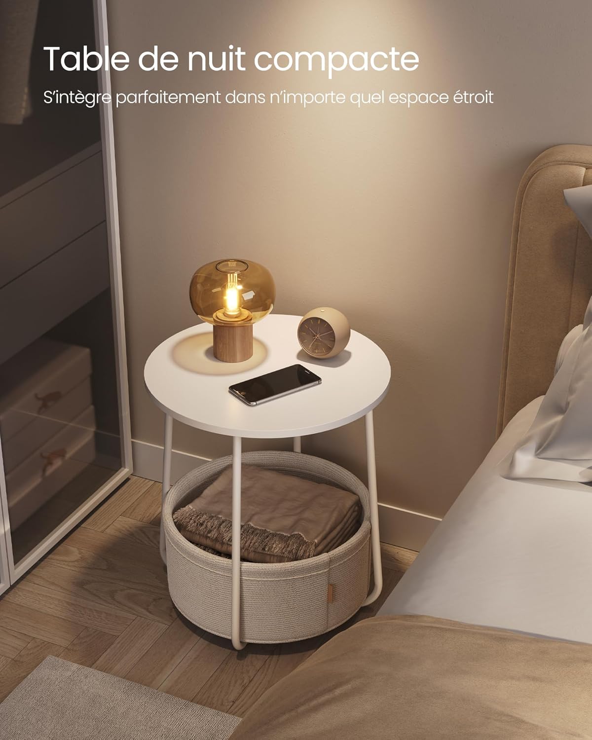 VASAGLE - Table basse ronde LET223W10 - compacte, panier tissu, blanc mat, marron, moderne, salon/chambre