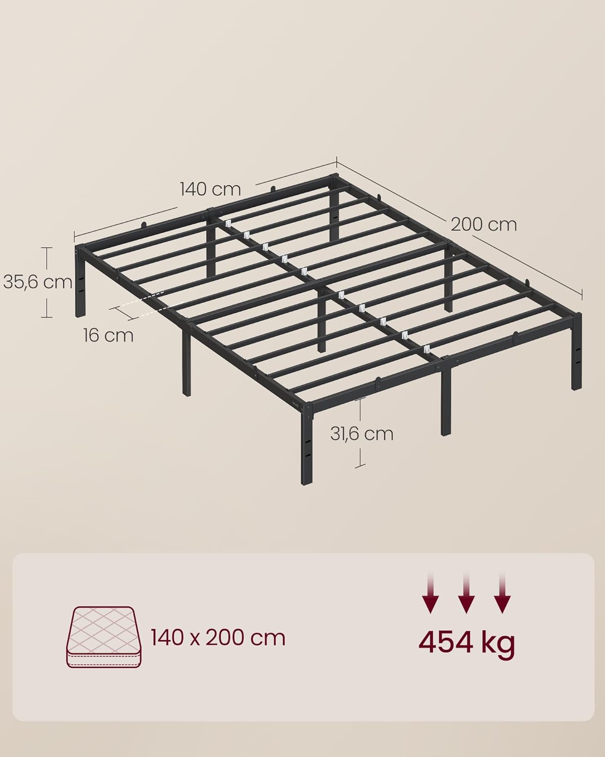 VASAGLE - cadre de lit moderne 140x200 cm, métal, rangement sous le lit, RMB134B01