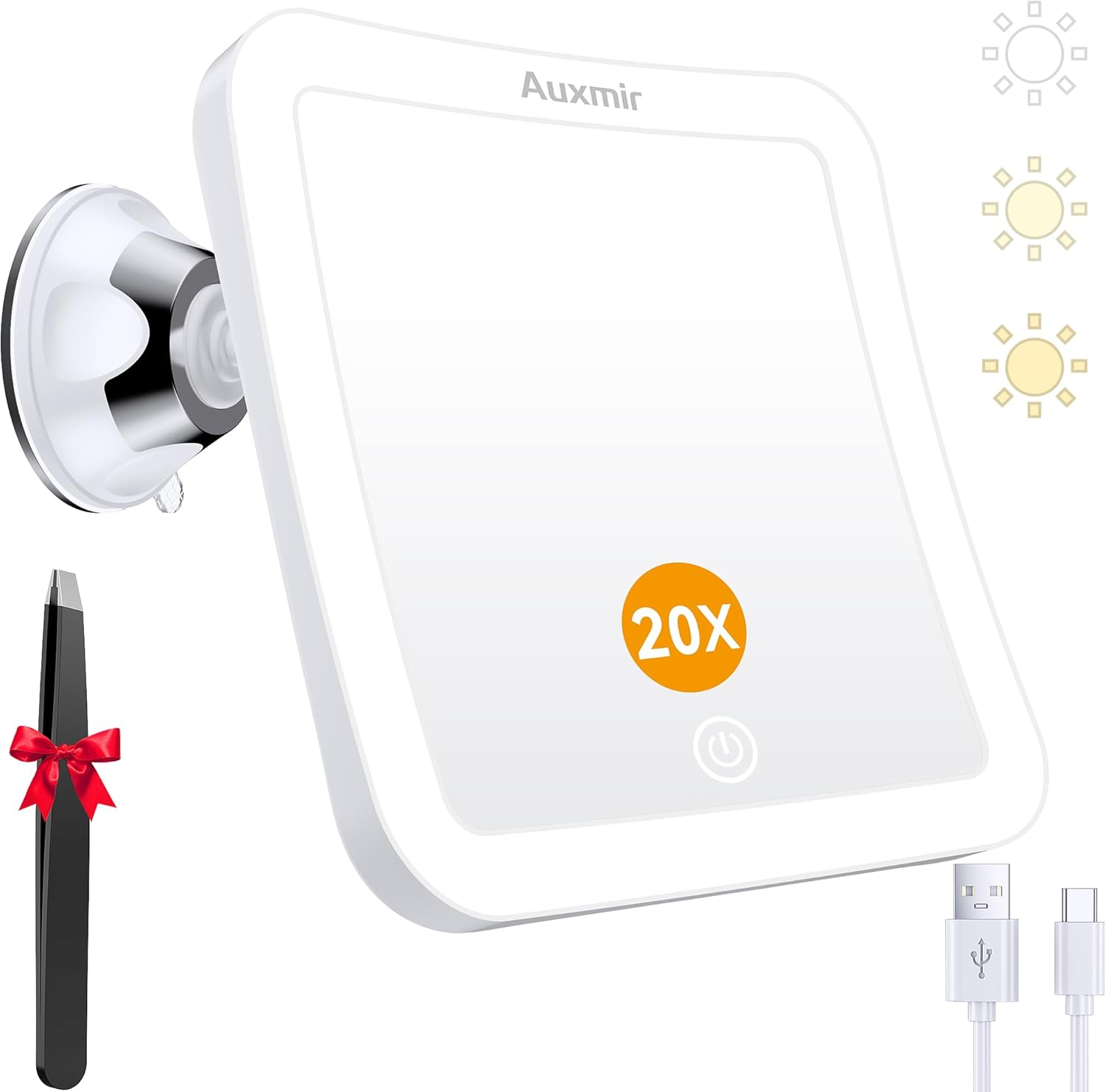 Auxmir - Miroir grossissant 20X - diamètre 15 cm - 40 LED, 3 modes, ventouse 360°, 2000mAh rechargeable