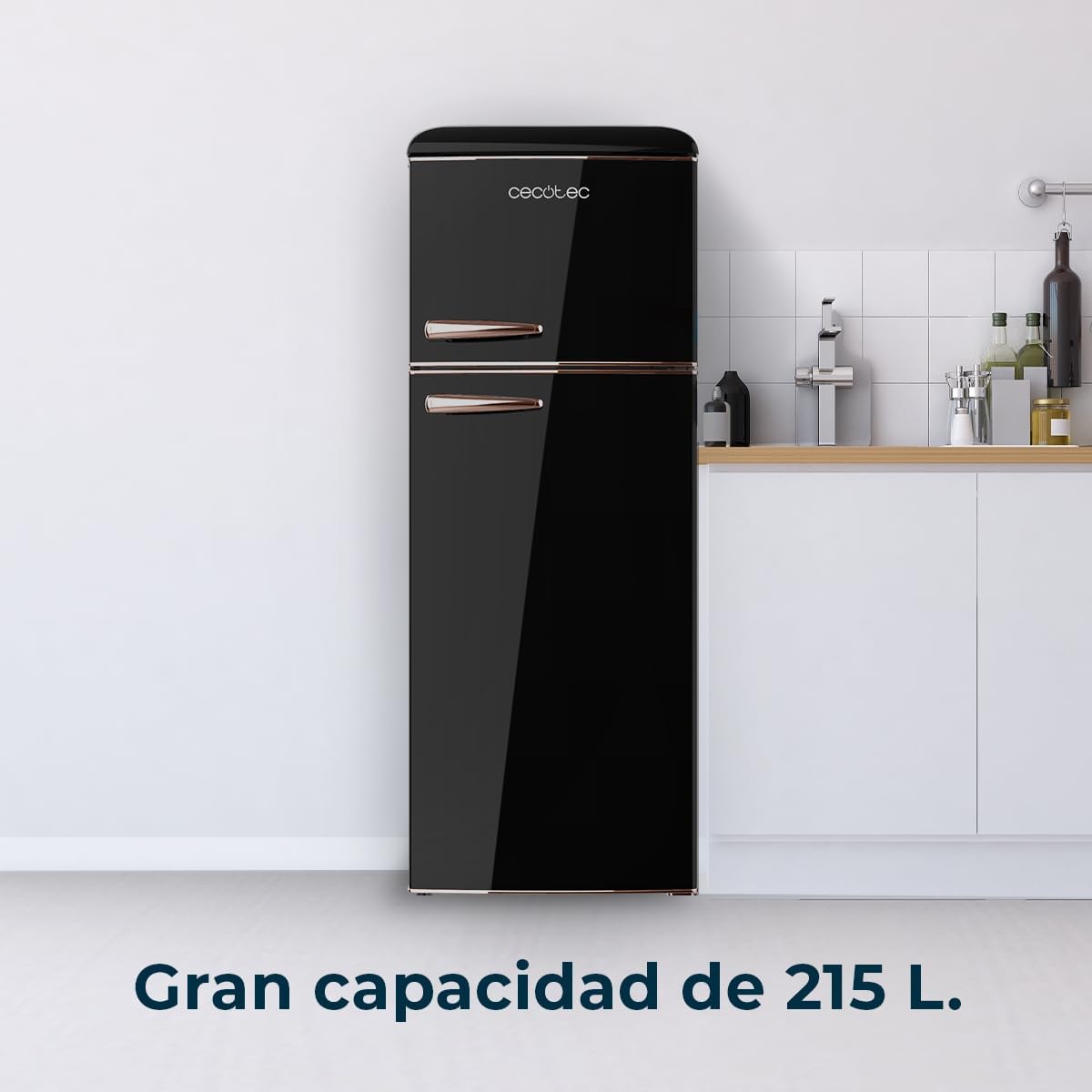 Cecotec - Bolero CoolMarket 2D Origin 215 - 215L, 148x55cm, LED, poignée chromée, étagères verre, noir