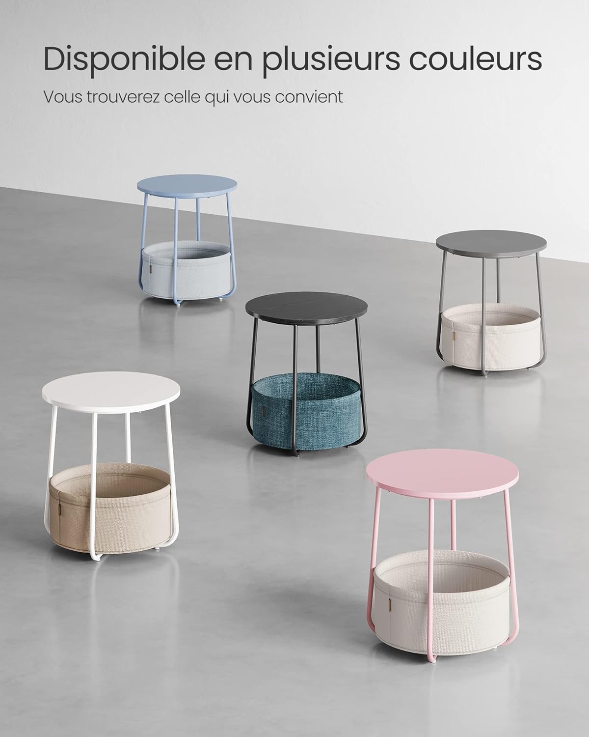 VASAGLE - Table basse ronde, avec panier tissu, gris/blanc, LET223G49