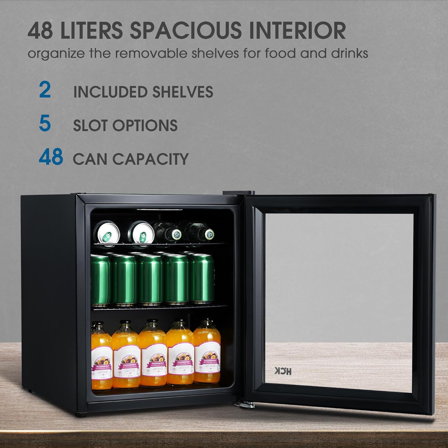 HCK - Mini frigo 48L - porte vitrée, silencieux, 0-15°C, compact