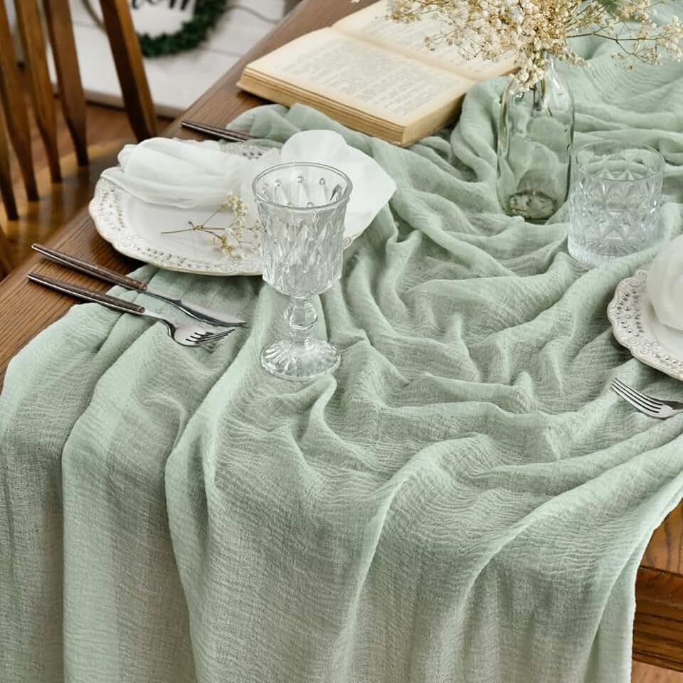 Artoid Mode - Chemin de table bohême - 300 cm - mousseline vert sauge