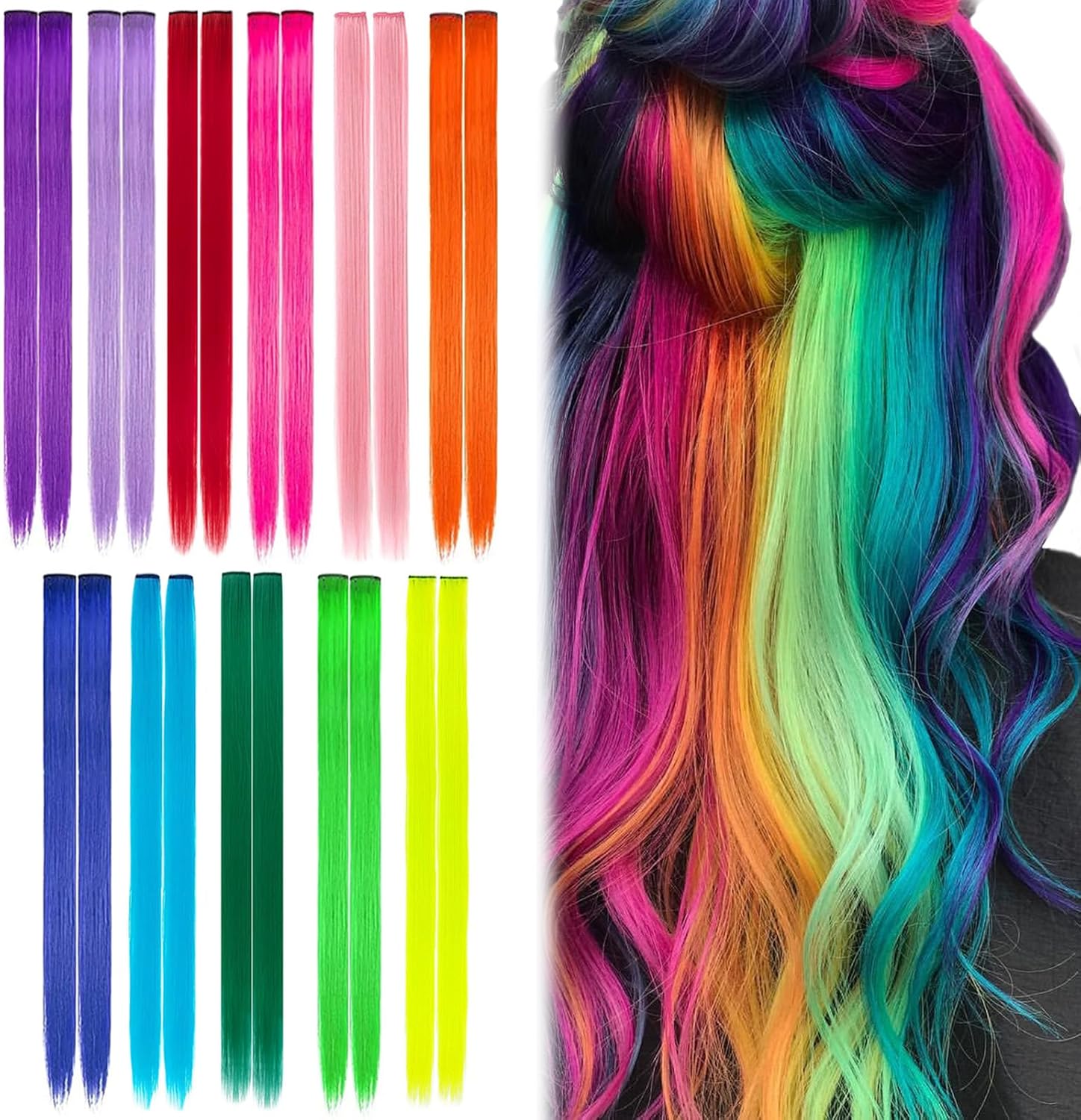 Extensions cheveux - 22 pièces, clips, mèches colorées, 50cm, festival