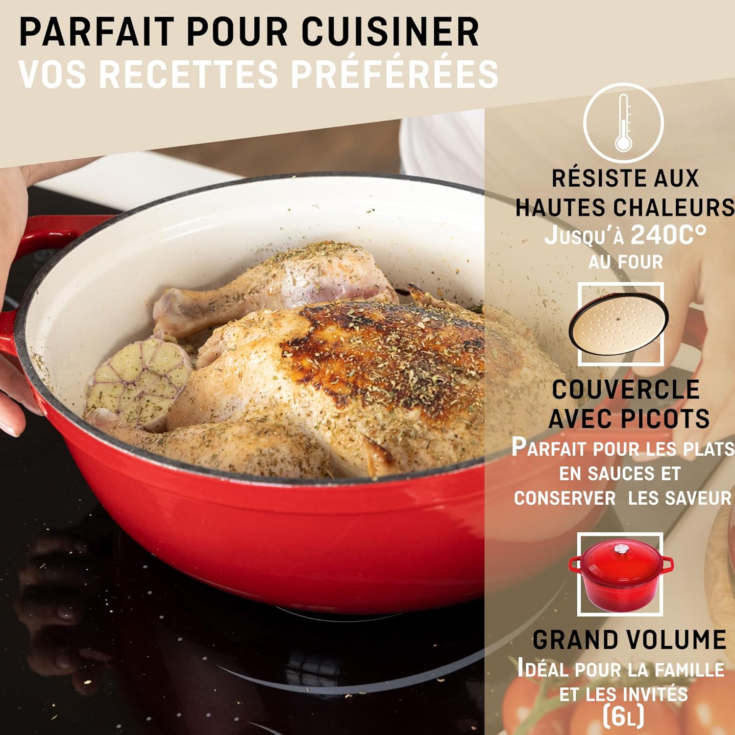 VeoHome - cocotte fonte émaillée 6L ovale - cuisson homogène - compatible induction/gaz/four