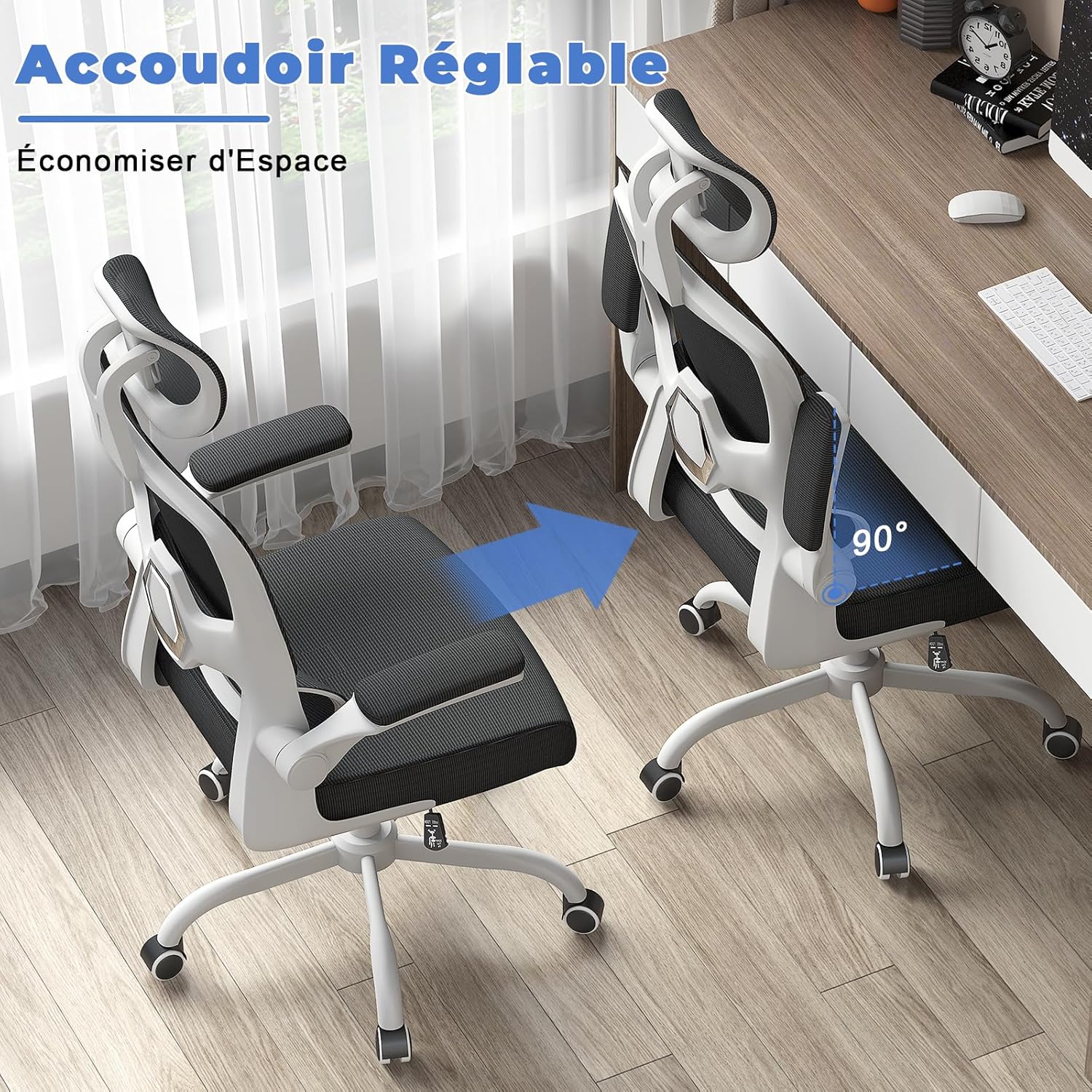Chaise de bureau ergonomique - support lombaire C - réglable, maille, noir/blanc, appui-tête, accoudoirs réversibles