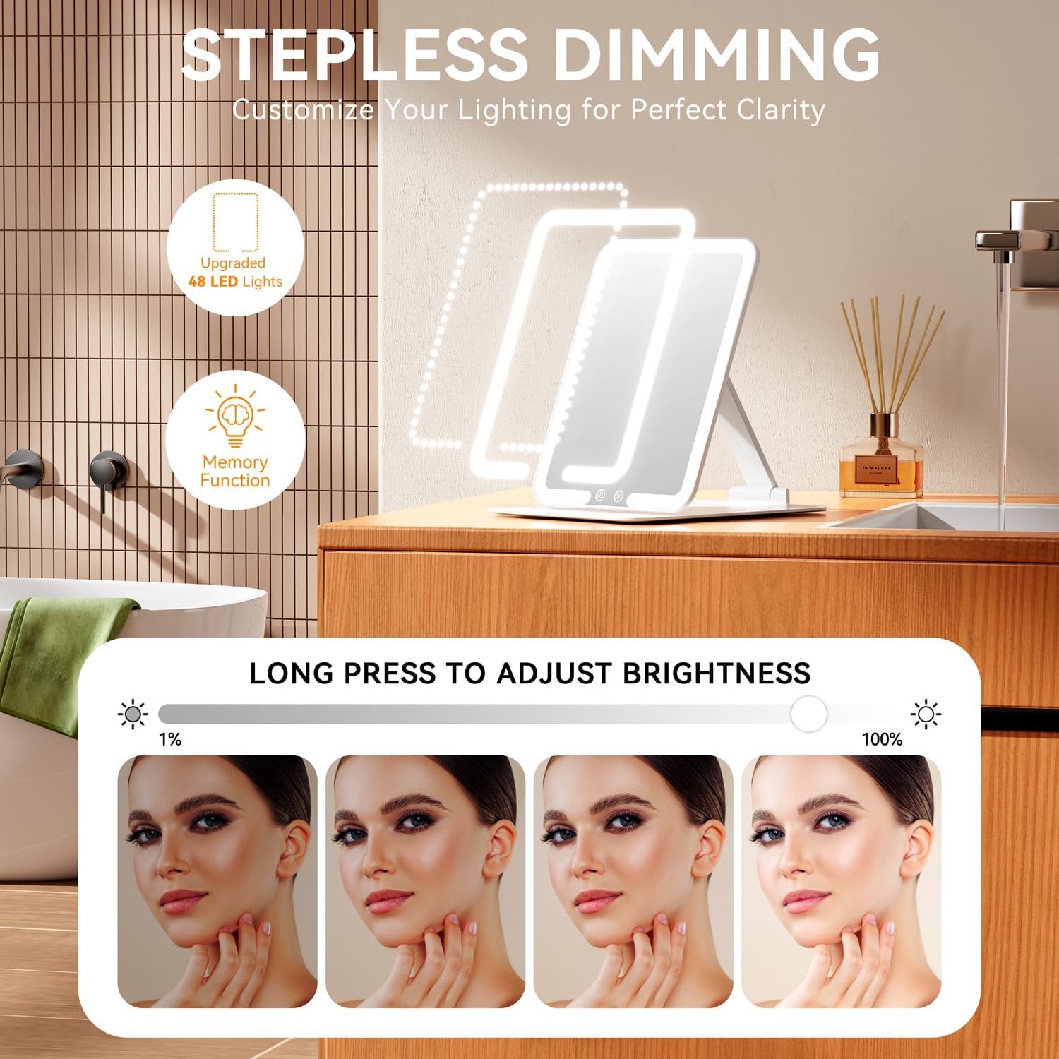 Auxmir - Miroir maquillage LED USB, écran tactile, 3 lumières, compact