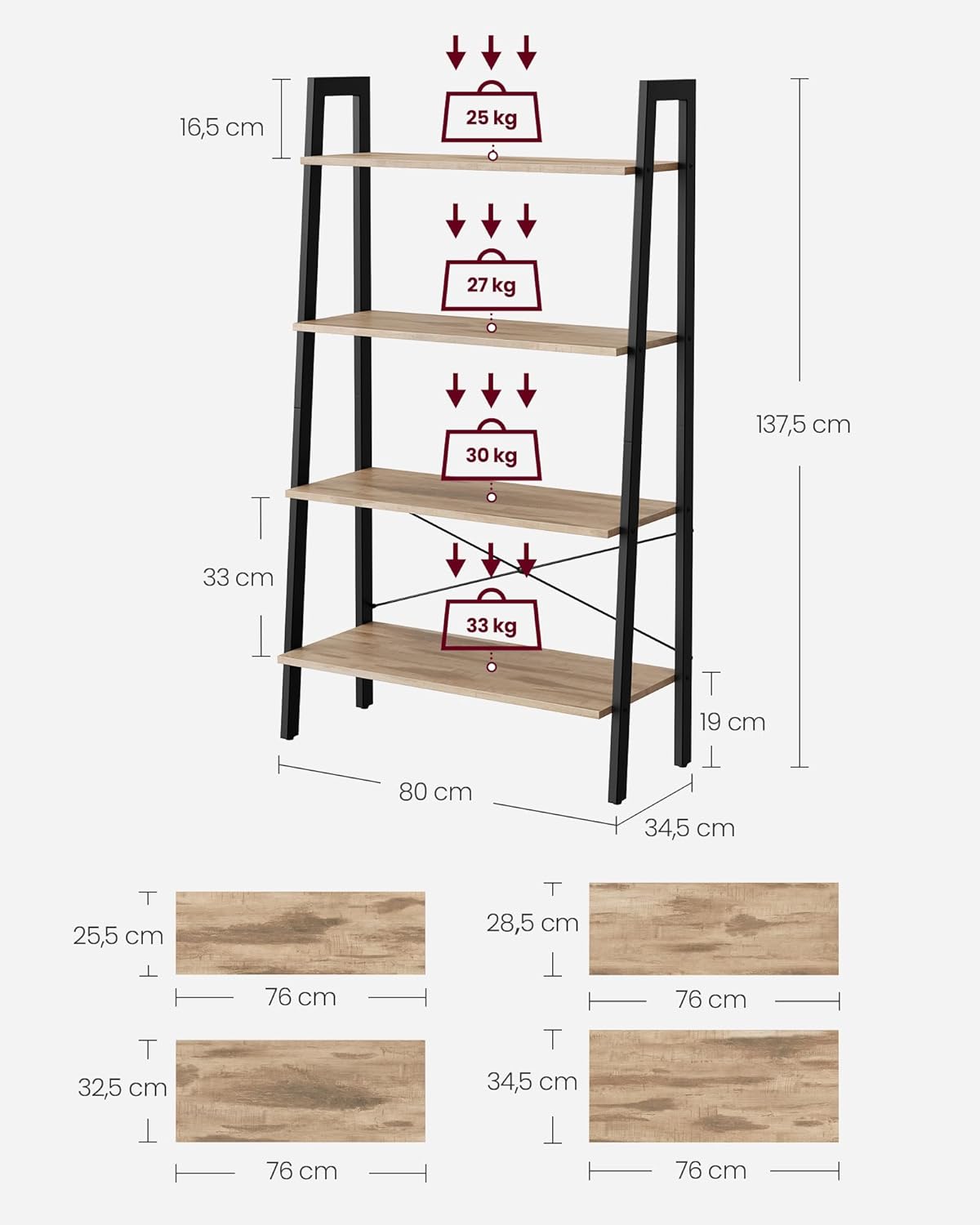 VASAGLE - meuble de rangement industriel 4 niveaux acier 59x30x125cm LLS144B50