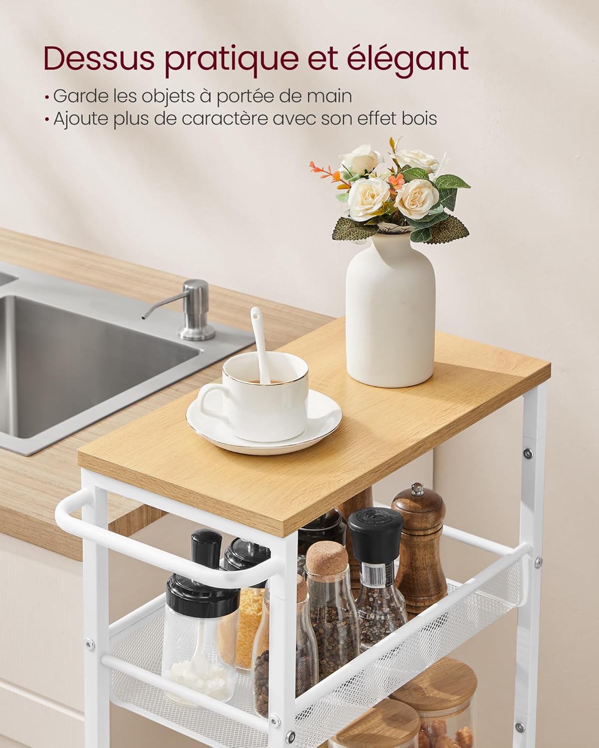 VASAGLE - desserte 5 niveaux - 22x45,4x99,6cm - acier, roulettes, poignée, compact - LRC035W09