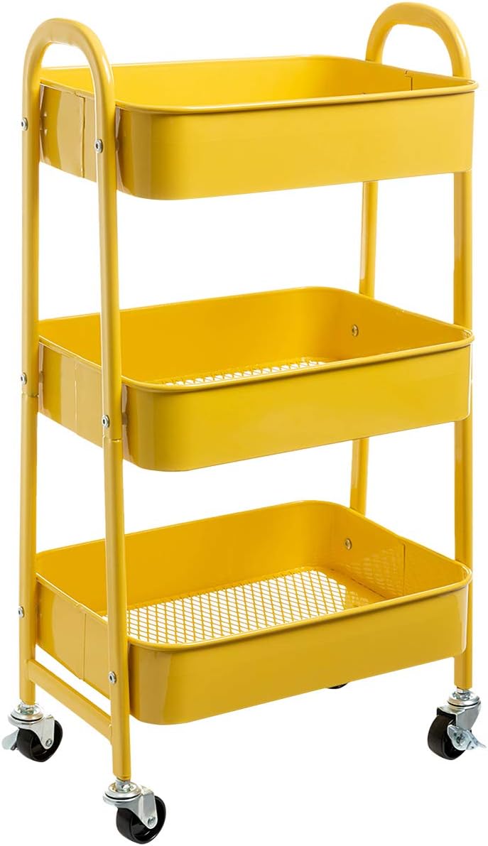 DOEWORKS - chariot de rangement métal 3 niveaux, roulettes, jaune