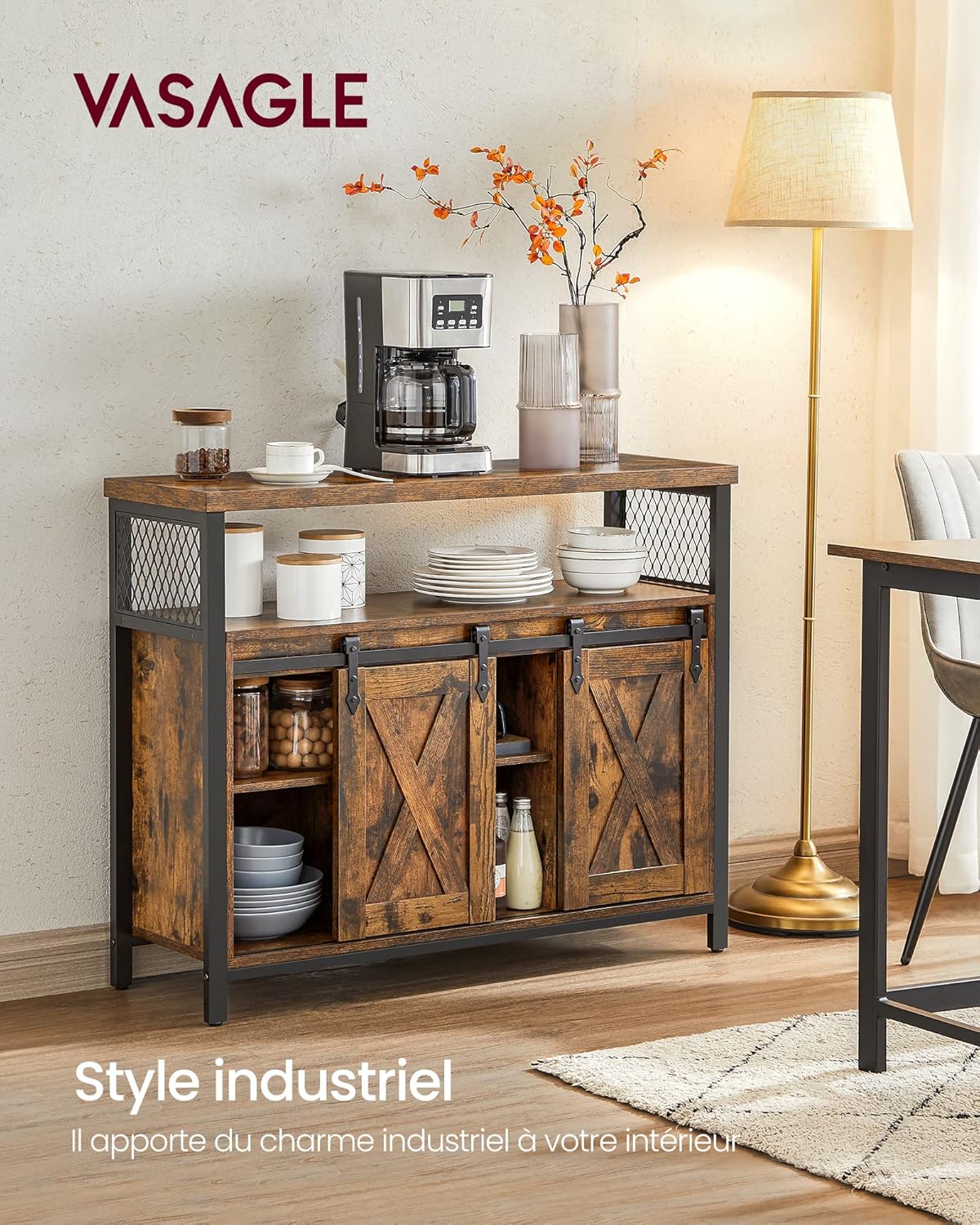 VASAGLE - Buffet de cuisine, 100x33x80cm, portes coulissantes, étagères réglables, LSC092B01