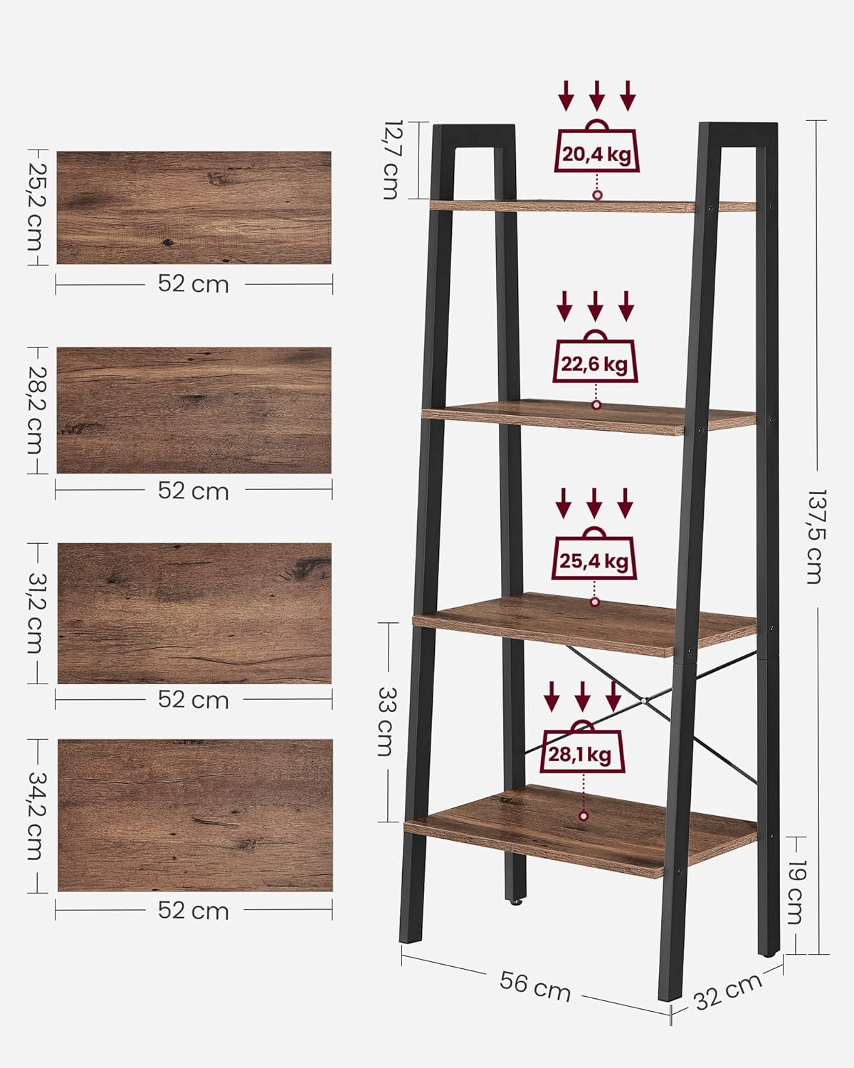 VASAGLE - étagère échelle rustique 34x56x137,5cm acier bois robustes