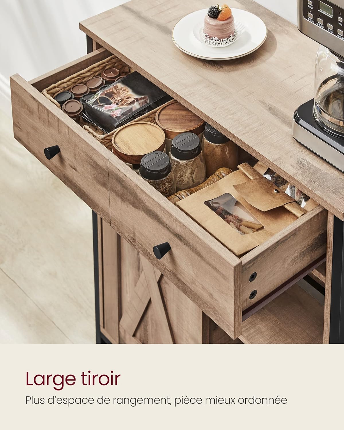 VASAGLE - buffet cuisine série LSC - 30x70x80 cm, porte coulissante, tiroirs, étagères réglables, marron/noir - LSC100B5