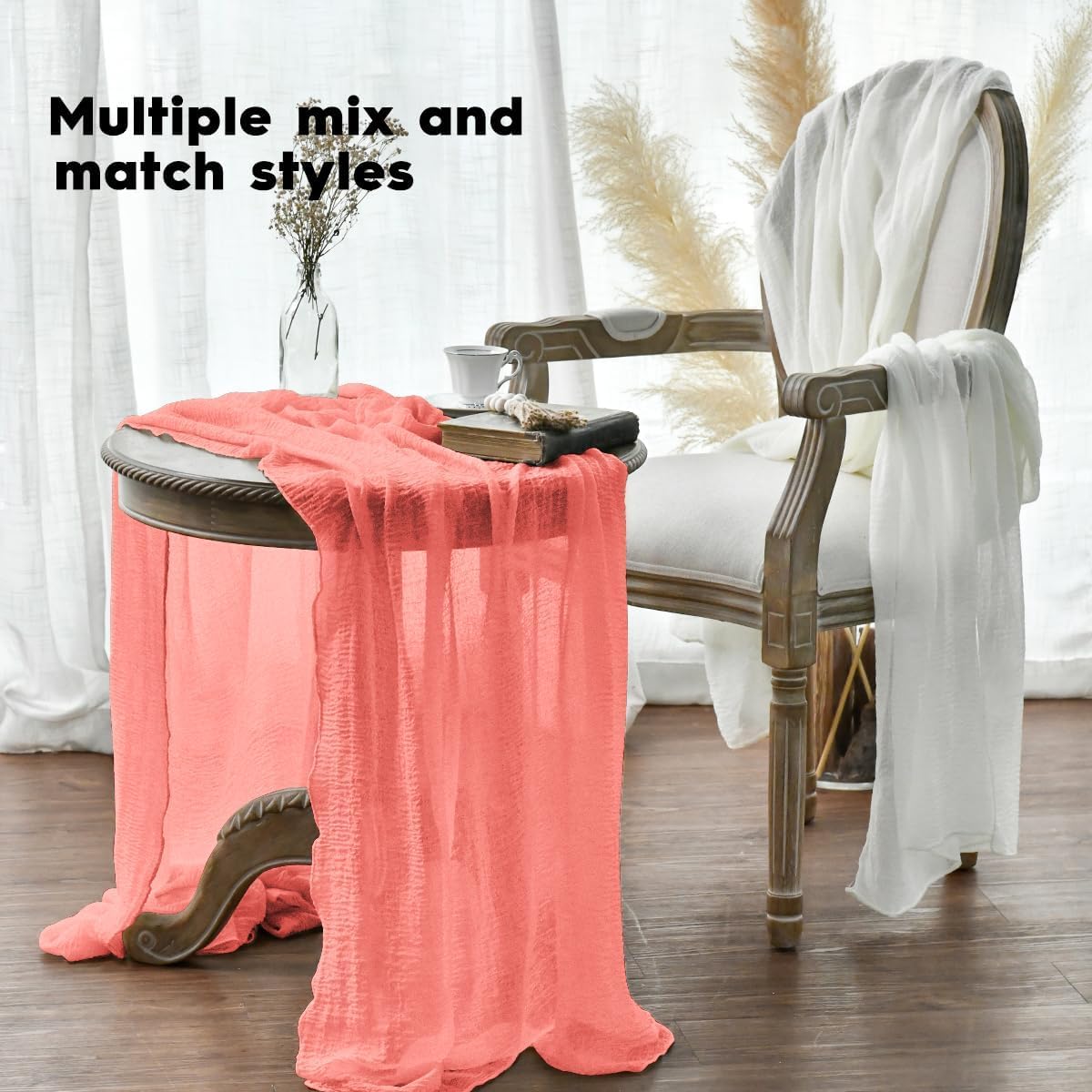 Artoid Mode - Chemin de table bohème corail - 300 cm - mousseline gaufrée, déco festive