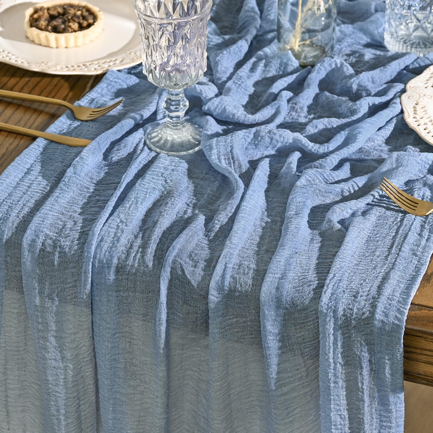 Artoid Mode - série Chemins de Table - 300 cm - gaze mousseline bleu bohême, idéal mariage/anniversaire
