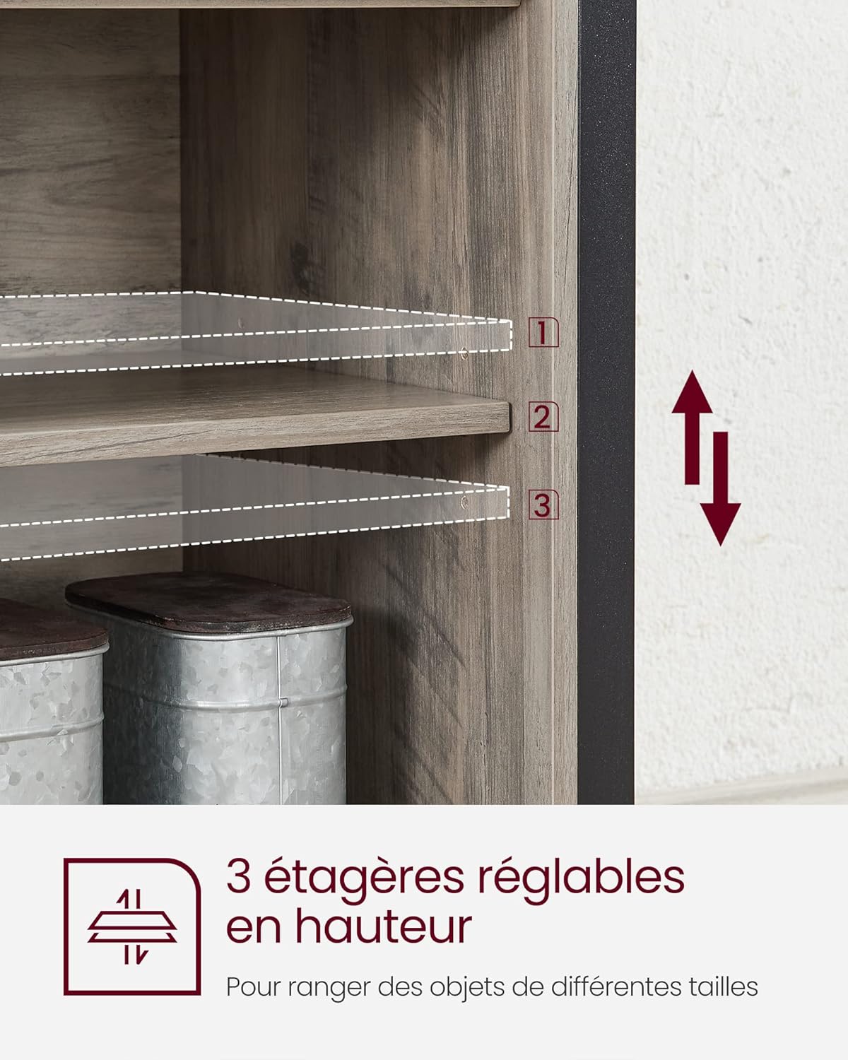 VASAGLE - buffet rangement cuisine - 100x33x80 cm - 2 portes coulissantes, étagères réglables, grège/noir - LSC092B02